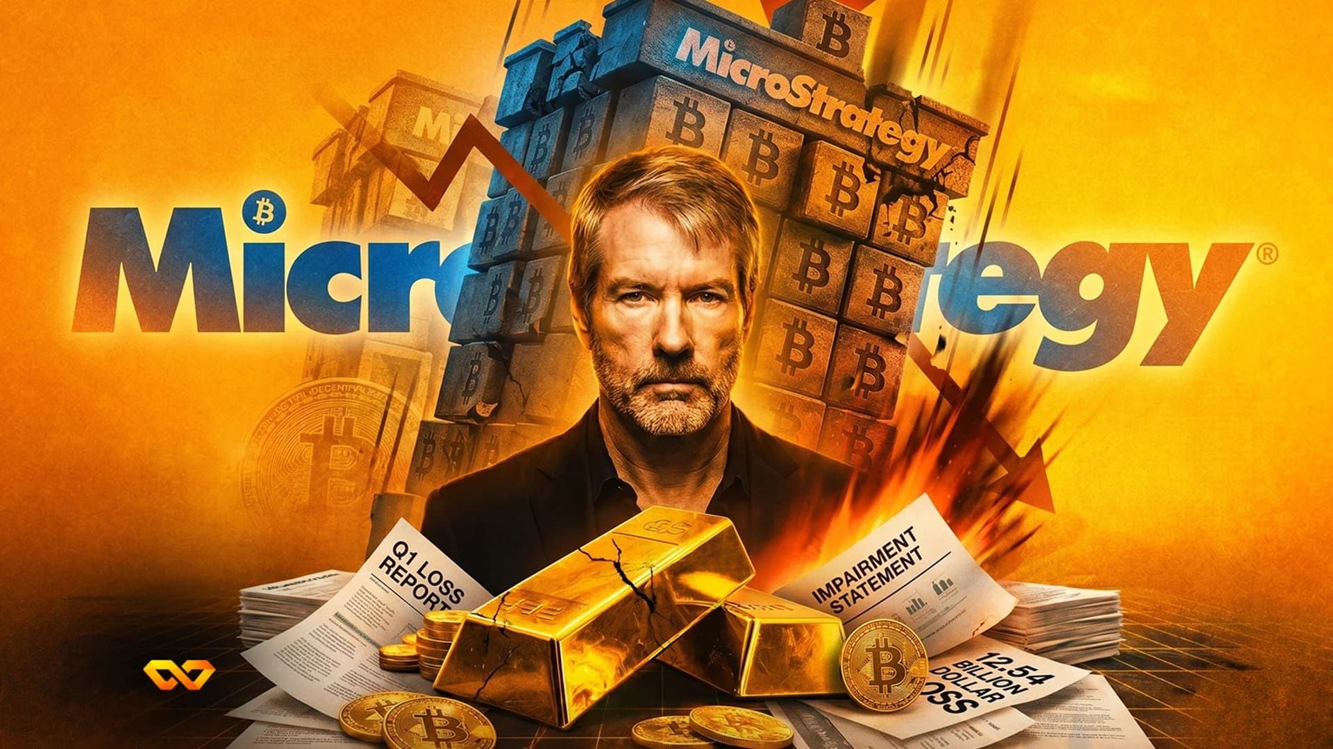 Michael Saylor portrait with MicroStrategy logo, Bitcoin coins, cracked gold bars, and financial loss reports.