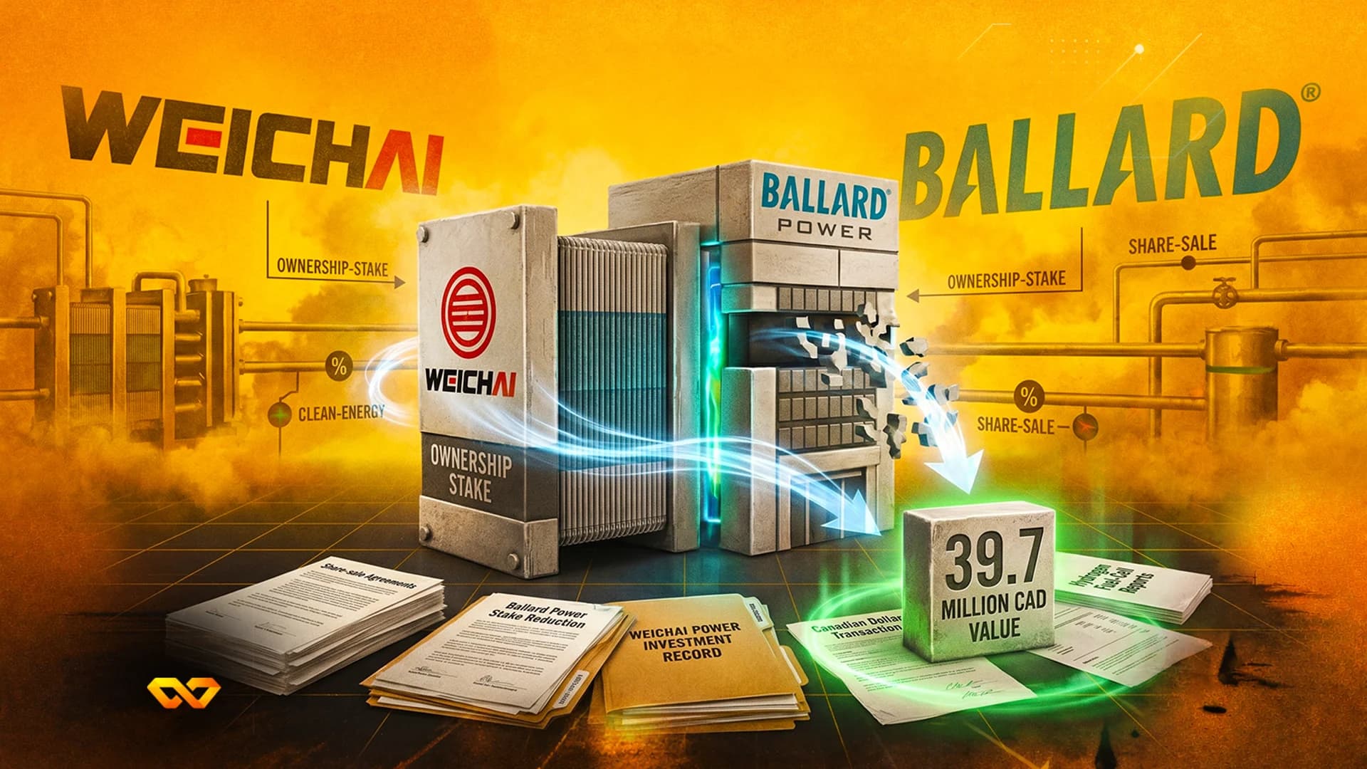 Illustration of Weichai and Ballard Power logos on industrial blocks with documents and a 39.7 million CAD value block.
