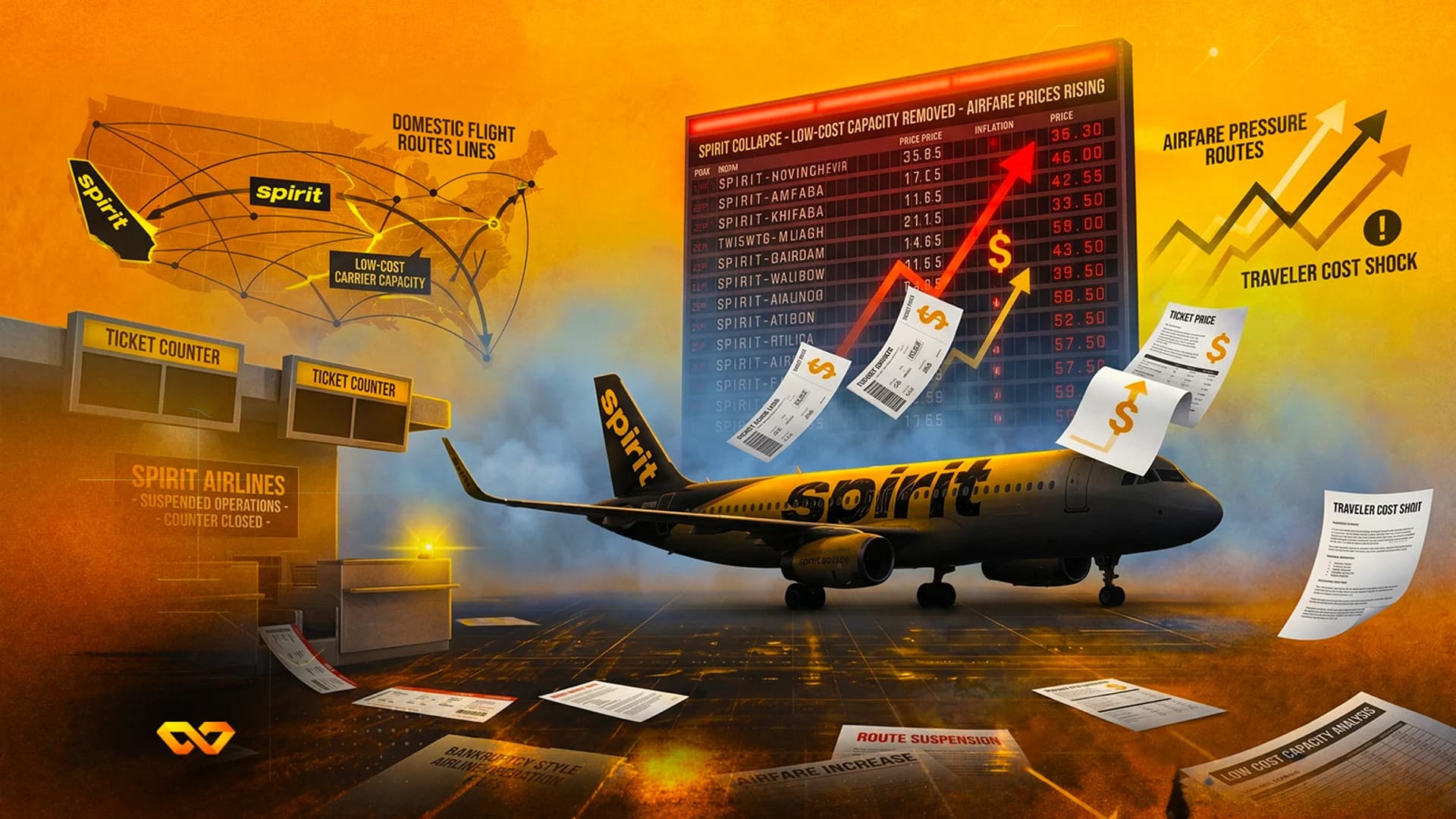 Spirit Airlines plane on a tarmac with a price board showing rising airfare and a map of domestic flight routes.