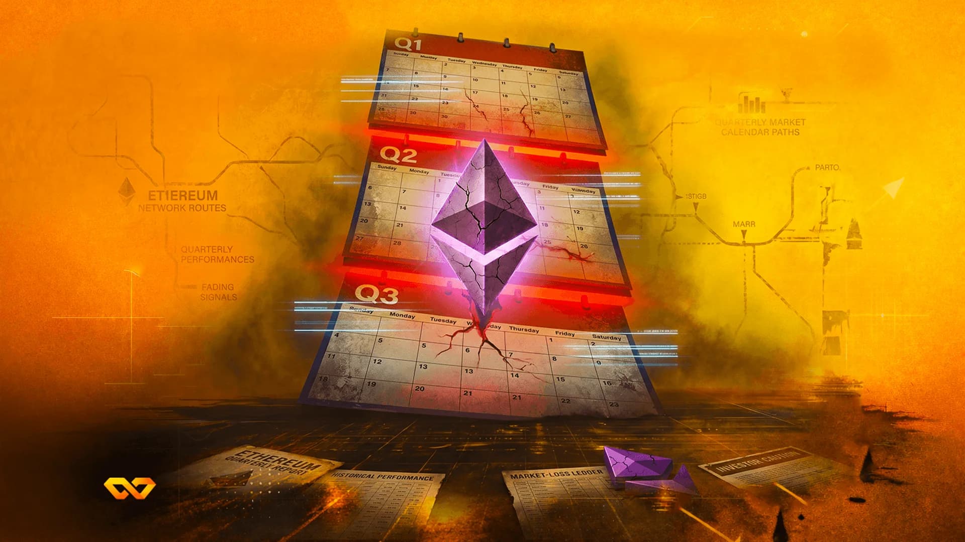 شعار إيثيريوم أرجواني متصدع فوق ثلاثة تقاويم متراكمة تحمل علامات Q1 وQ2 وQ3 على خلفية برتقالية.