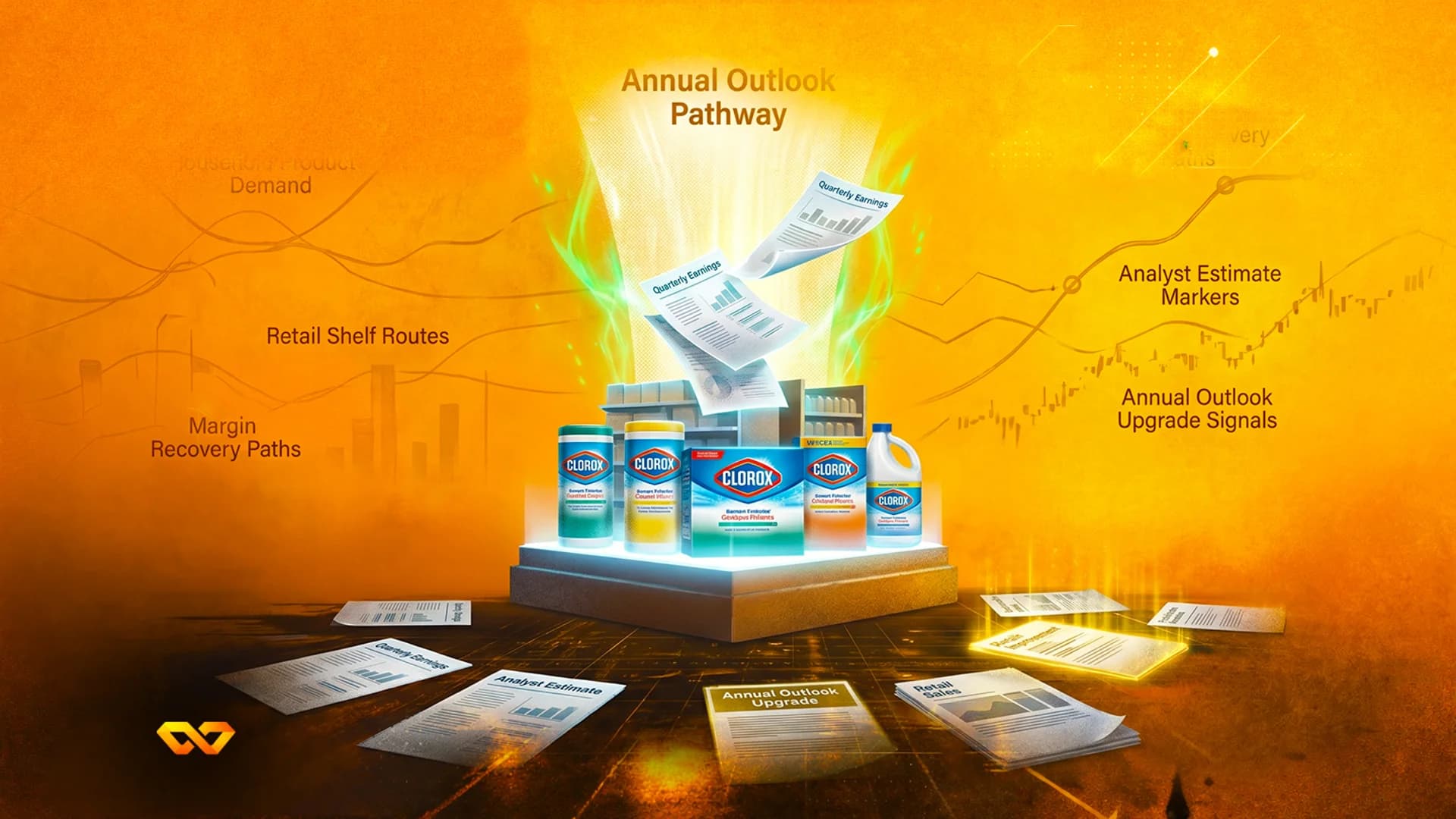 Clorox products on a pedestal with financial charts and quarterly earnings reports on an orange background.