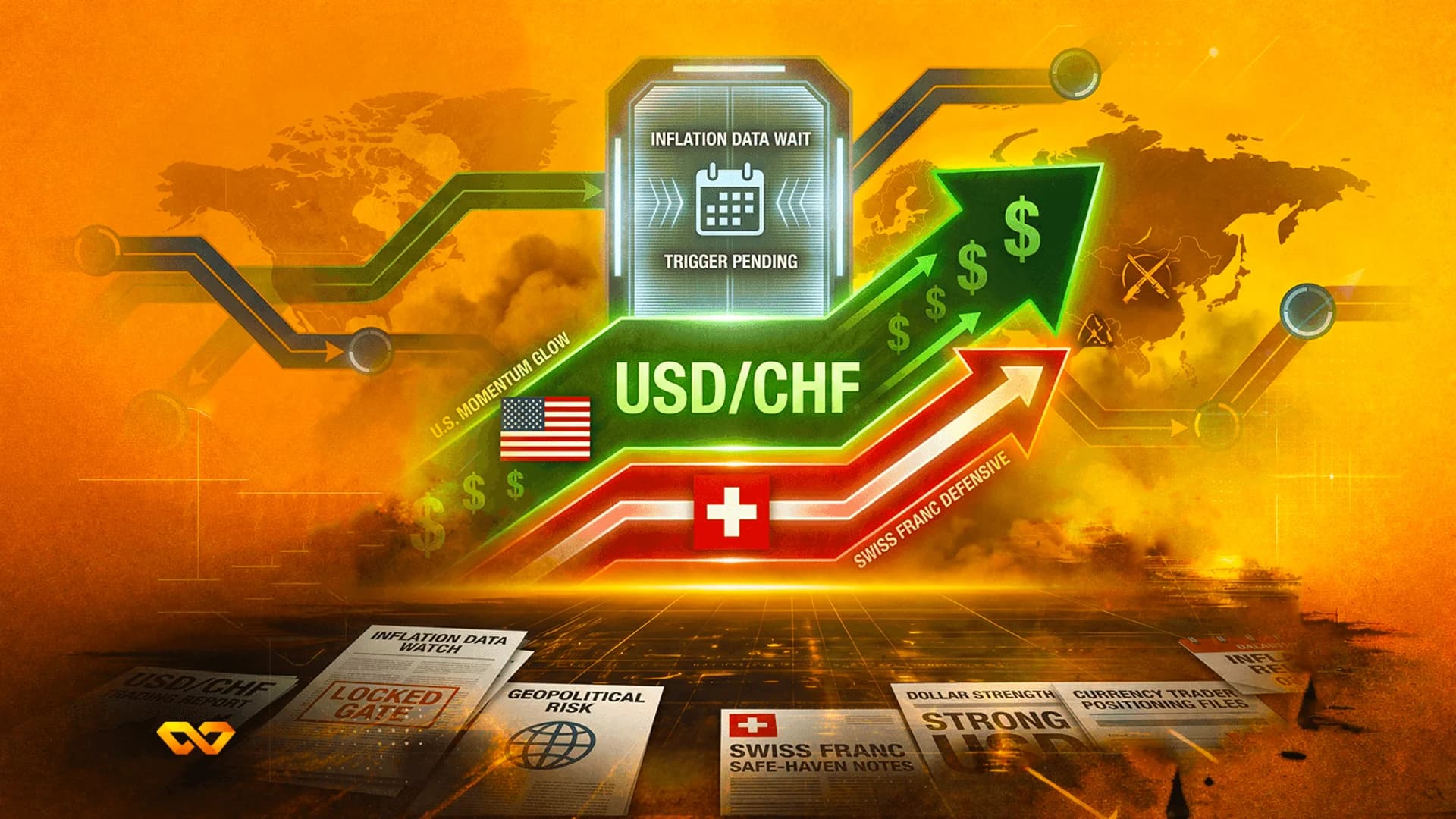 رسم بياني يظهر نص USD/CHF بين سهم أخضر صاعد عليه علامات الدولار وسهم أحمر هابط مع علم سويسرا.