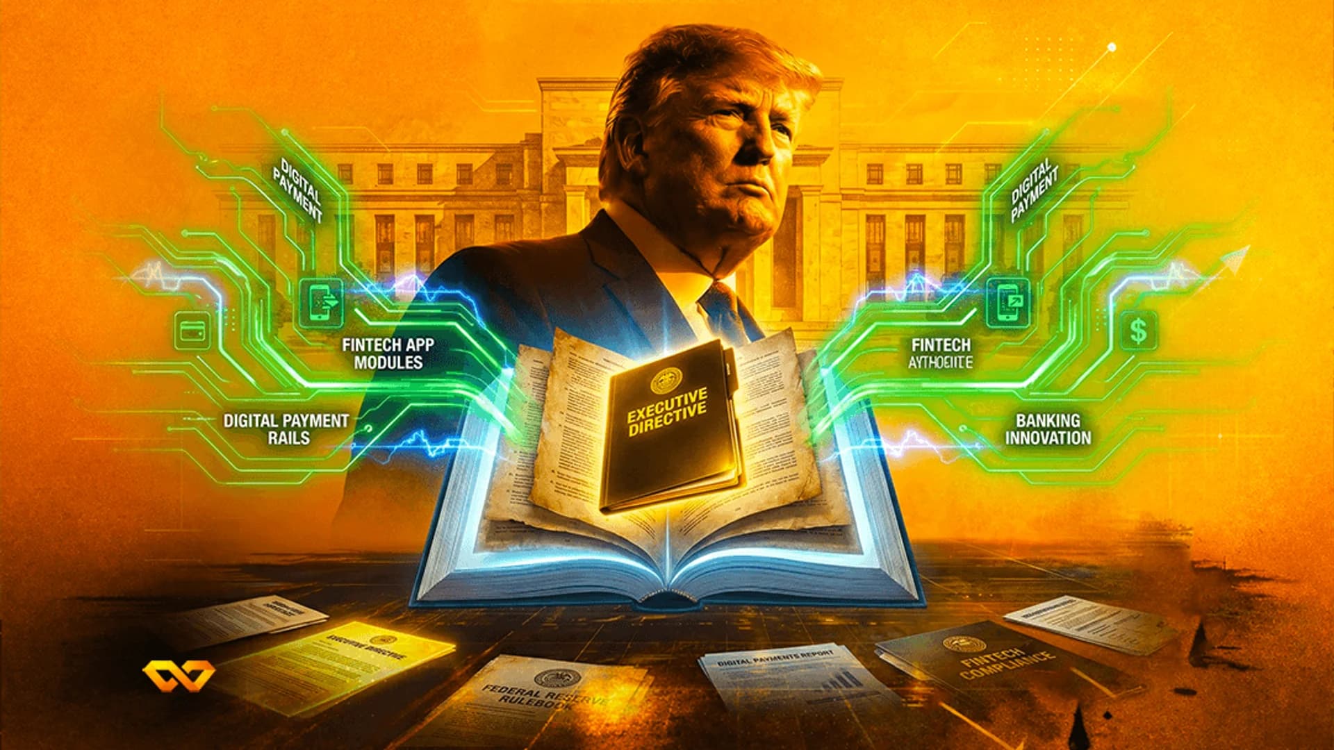 Digital illustration of Donald Trump behind an open book, glowing fintech documents, and green circuit graphics.