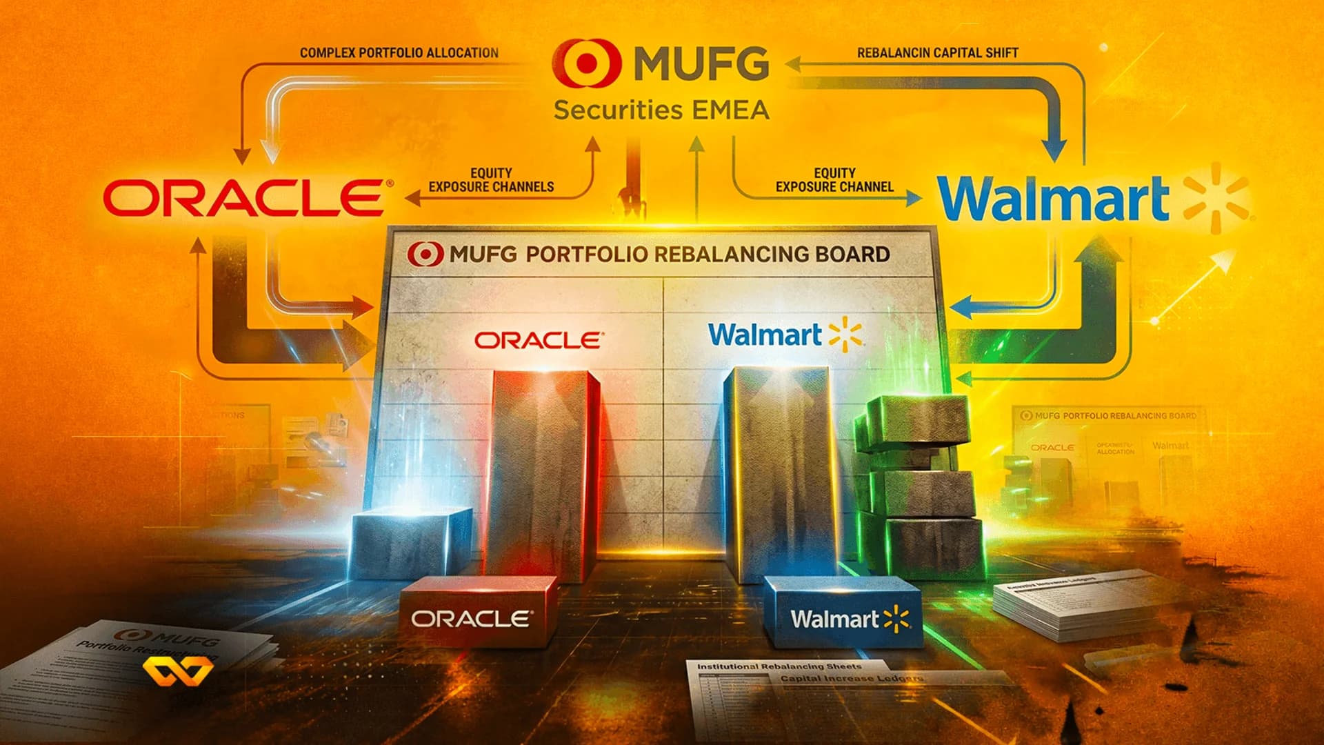 Stylized illustration of a portfolio rebalancing board featuring Oracle and Walmart logos with flow arrows.