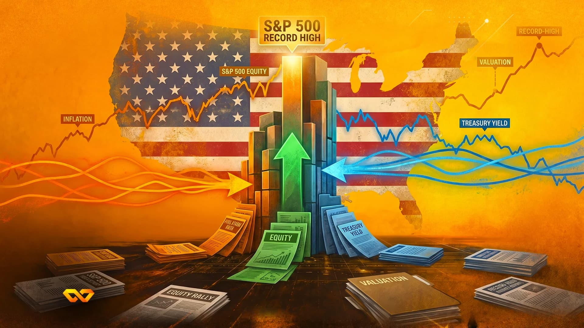 Stylized US map with flag, rising bar chart with green arrow, and financial labels like S&P 500 and Inflation.