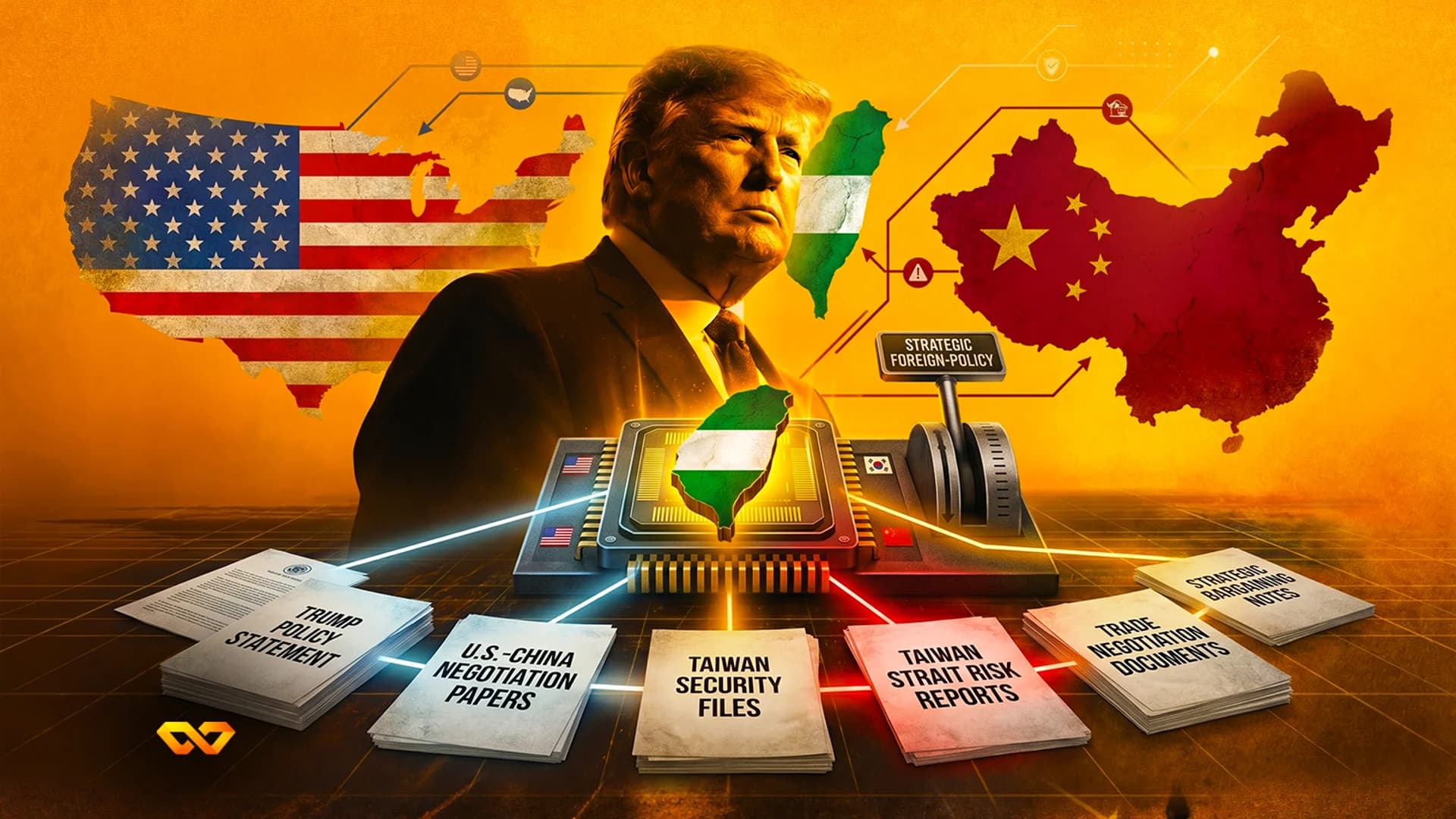 Illustration of Donald Trump with maps of the US, China, and Taiwan, policy documents, and a microchip.