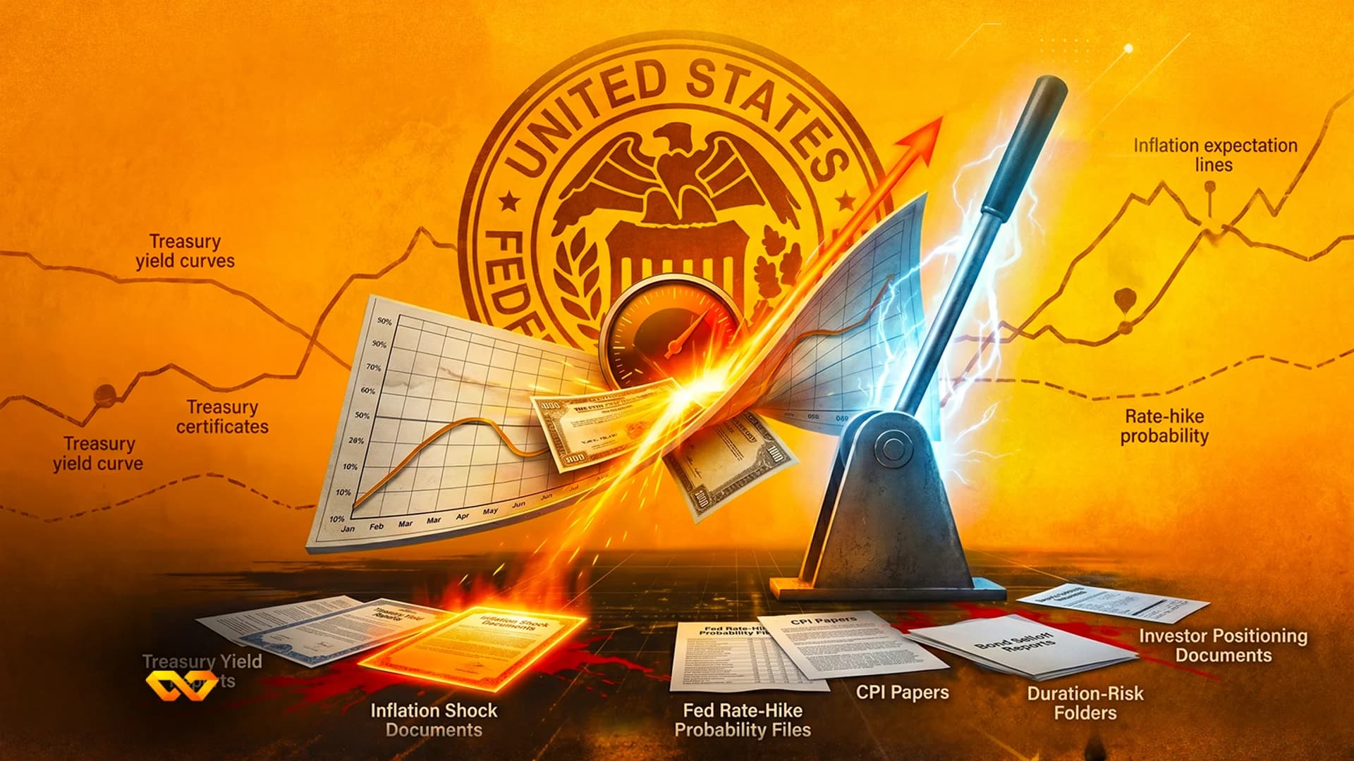 Digital illustration of a lever sparking electricity in front of a US Federal Reserve seal and financial charts.