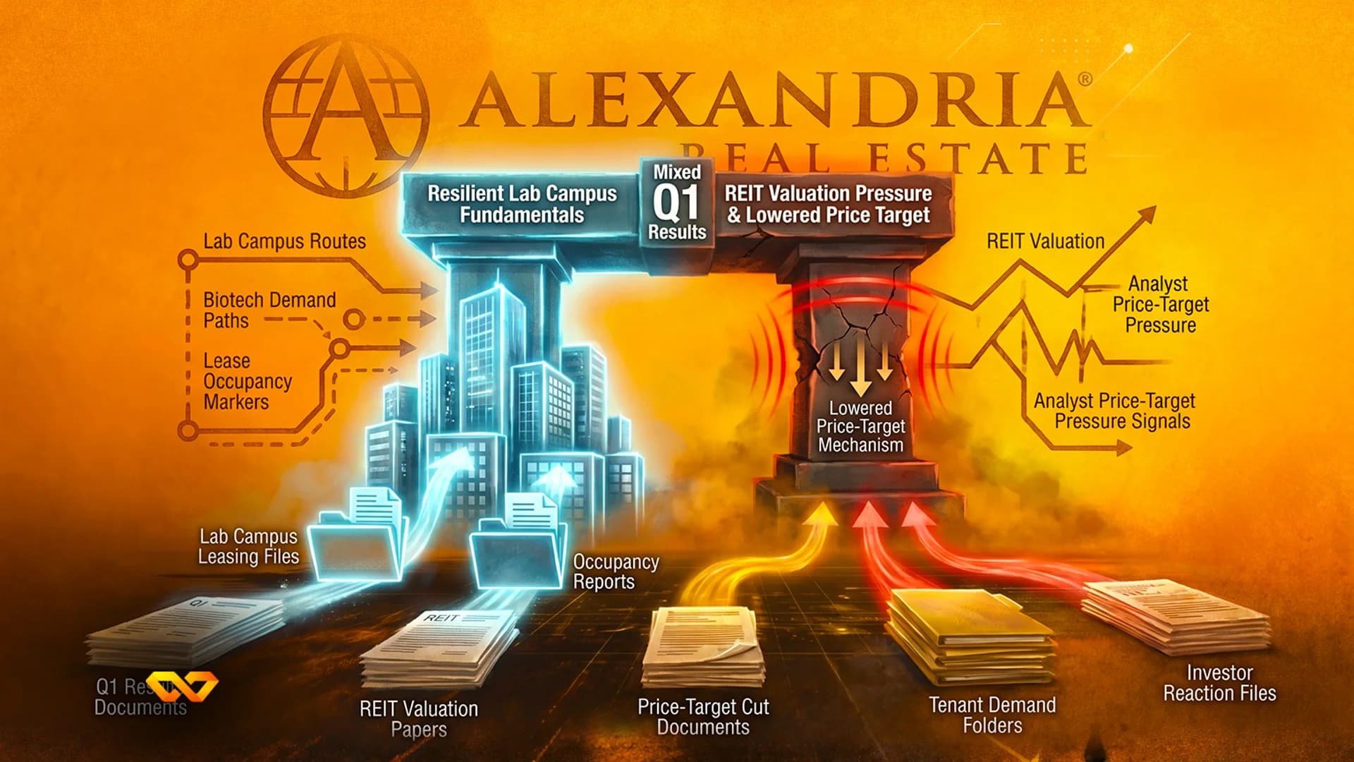 Illustration of Alexandria Real Estate logo above an archway with a glowing blue city and a cracked stone pillar.