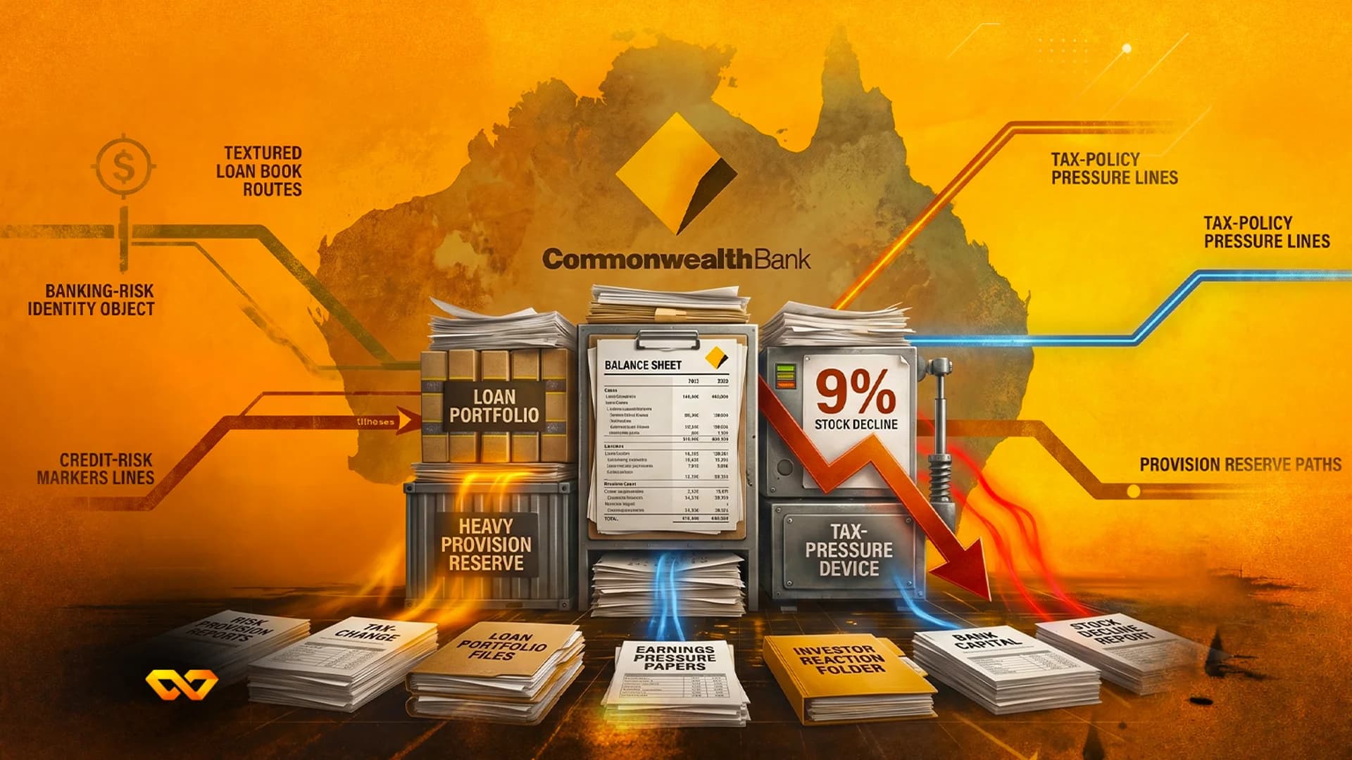 Infographic with Commonwealth Bank logo, Australia map, financial folders, and a 9% stock decline indicator.