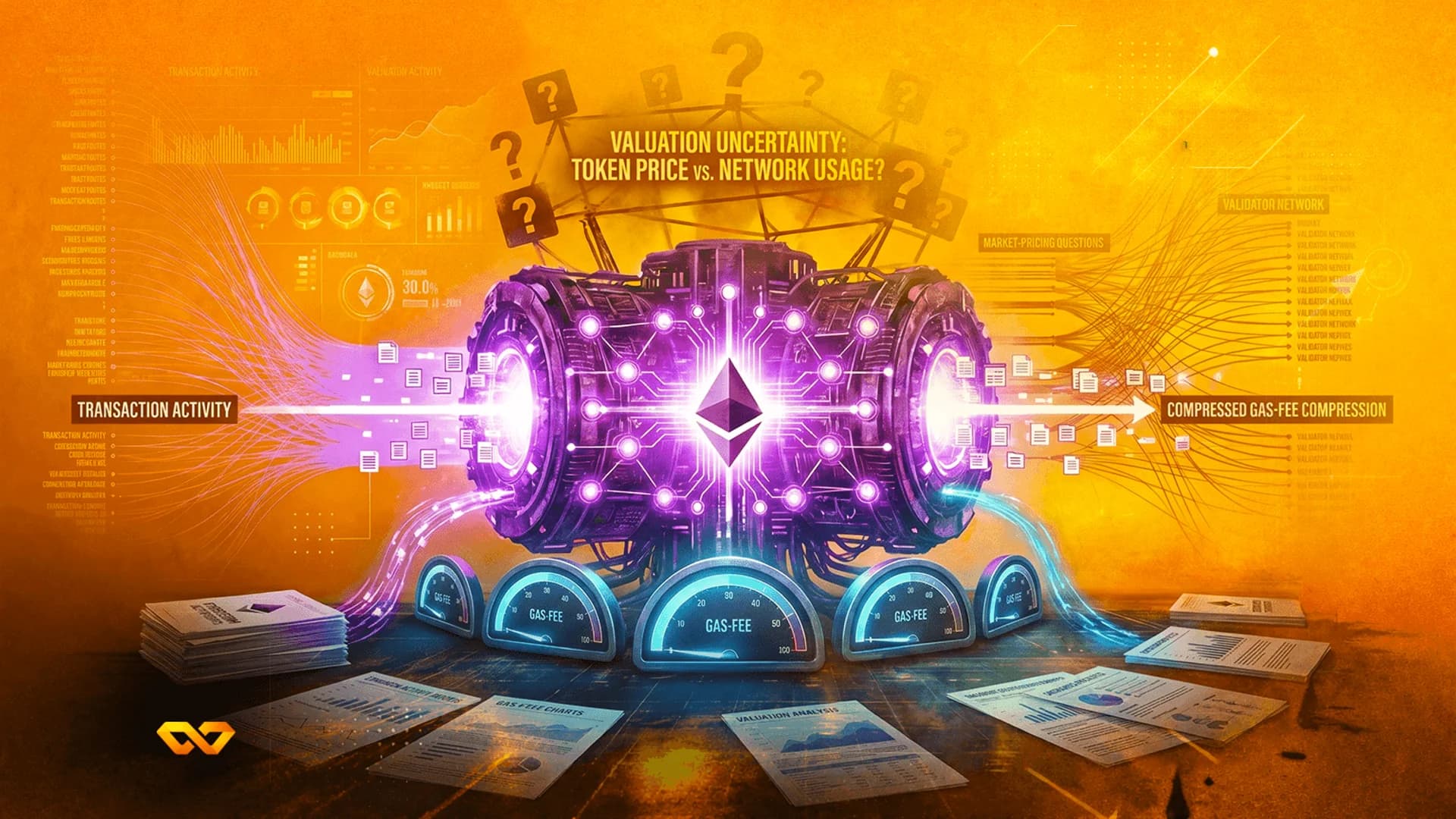 آلة مستقبلية تحمل شعار إيثيريوم، تتوهج باللون الأرجواني، محاطة بمخططات بيانات ومقاييس رسوم الغاز.