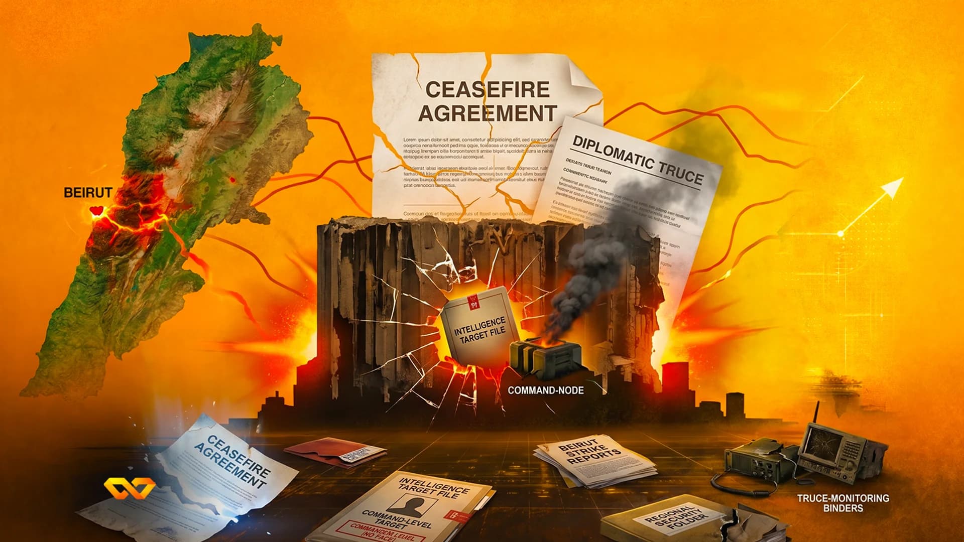 Collage of documents labeled Ceasefire Agreement and Intelligence Target File over a map of Lebanon and a ruined building.