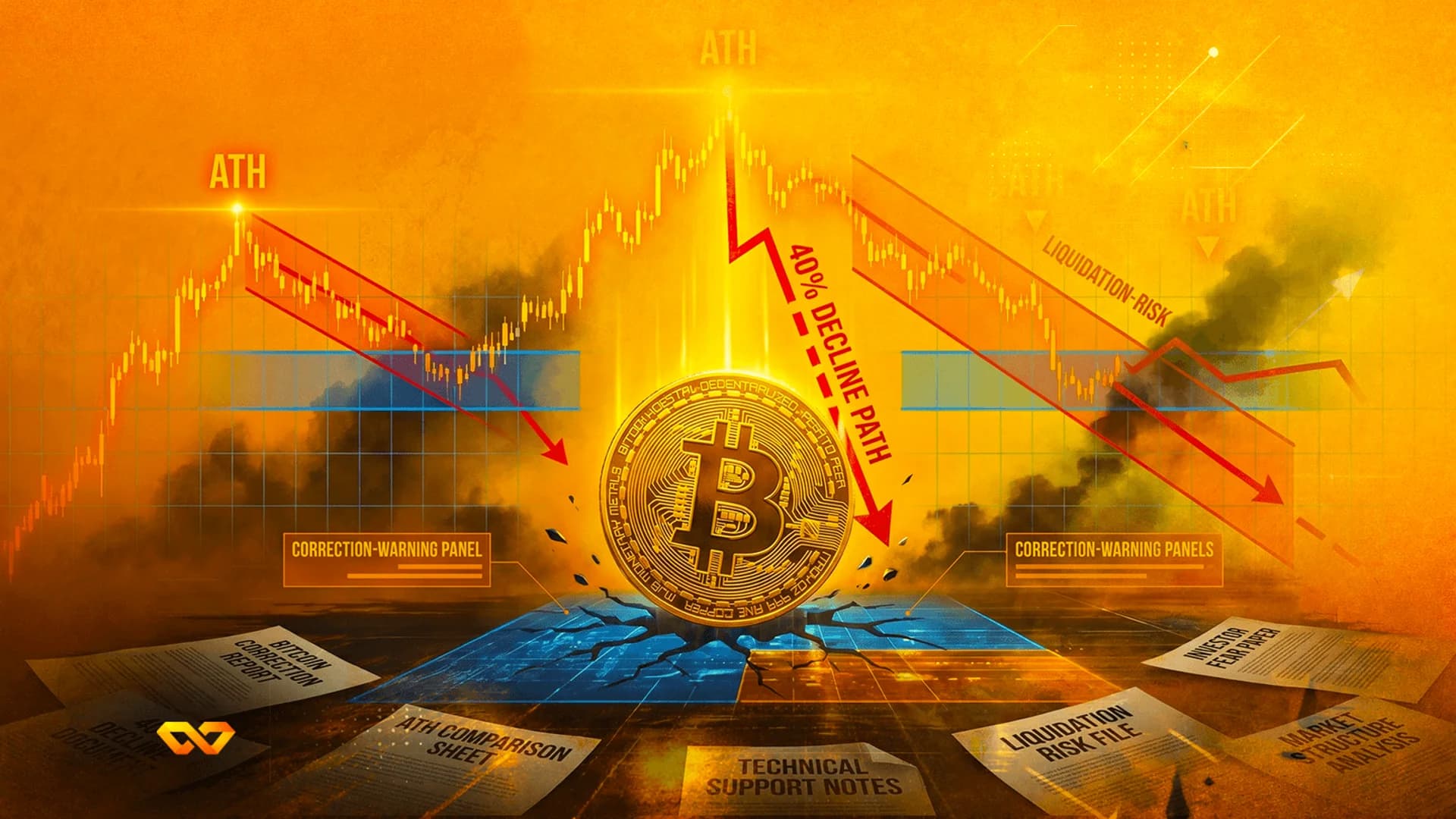 A gold Bitcoin coin sits on a cracked blue surface amidst falling red arrows and financial charts on an orange background.