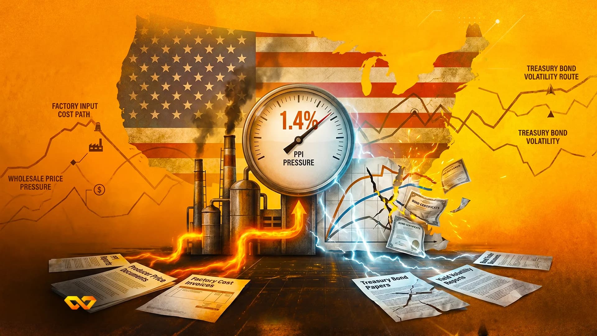Illustration of a PPI pressure gauge at 1.4% over a US flag map, with factory smoke, bond papers, and line graphs.