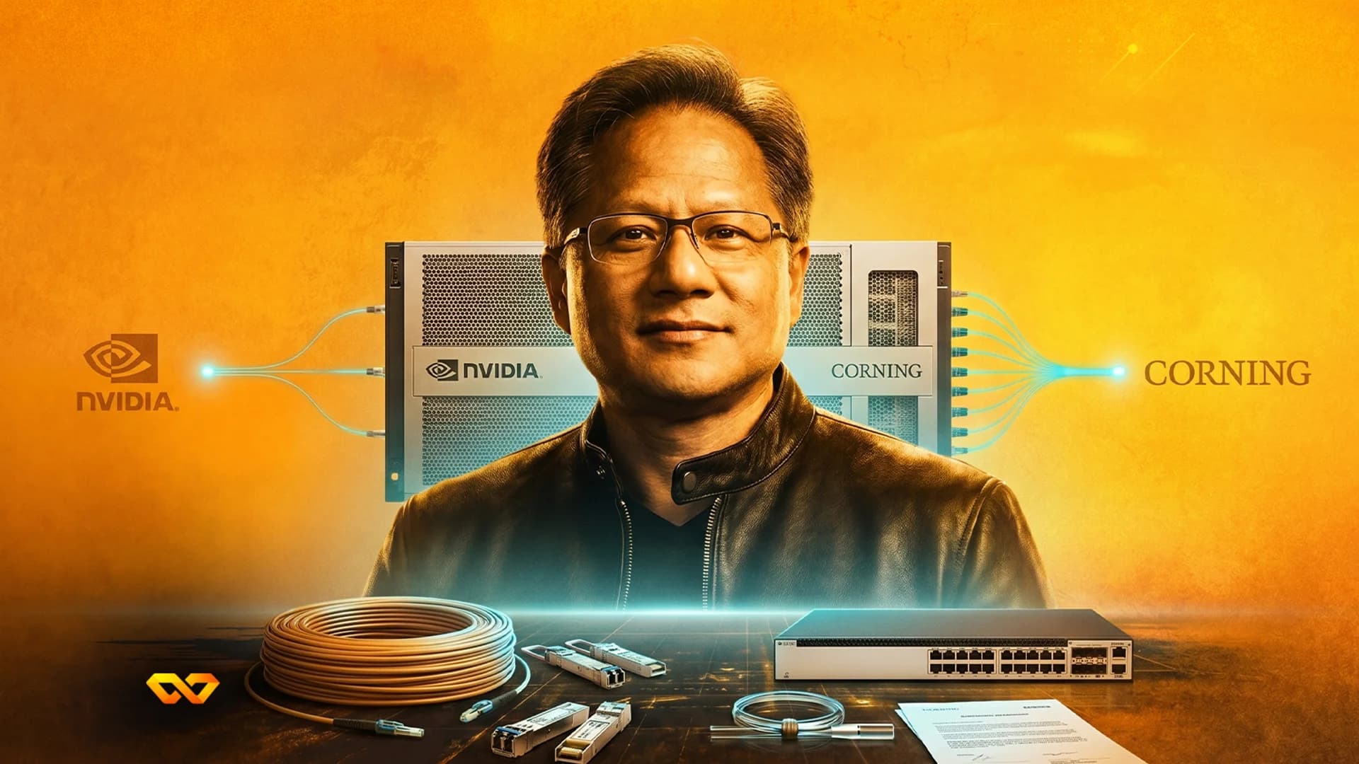 NVIDIA CEO Jensen Huang in a composite image with company logo, server racks, stock charts, GPUs, and silicon wafers.