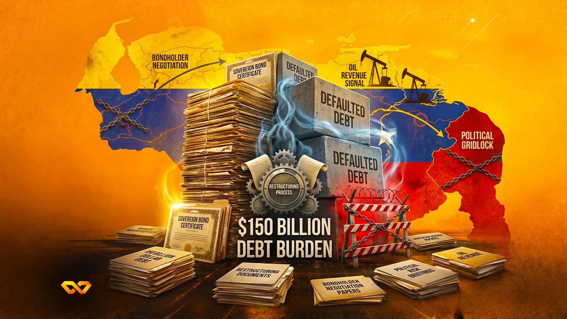 Illustration of stacks of documents and concrete blocks labeled 'Defaulted Debt' over a map of Venezuela.