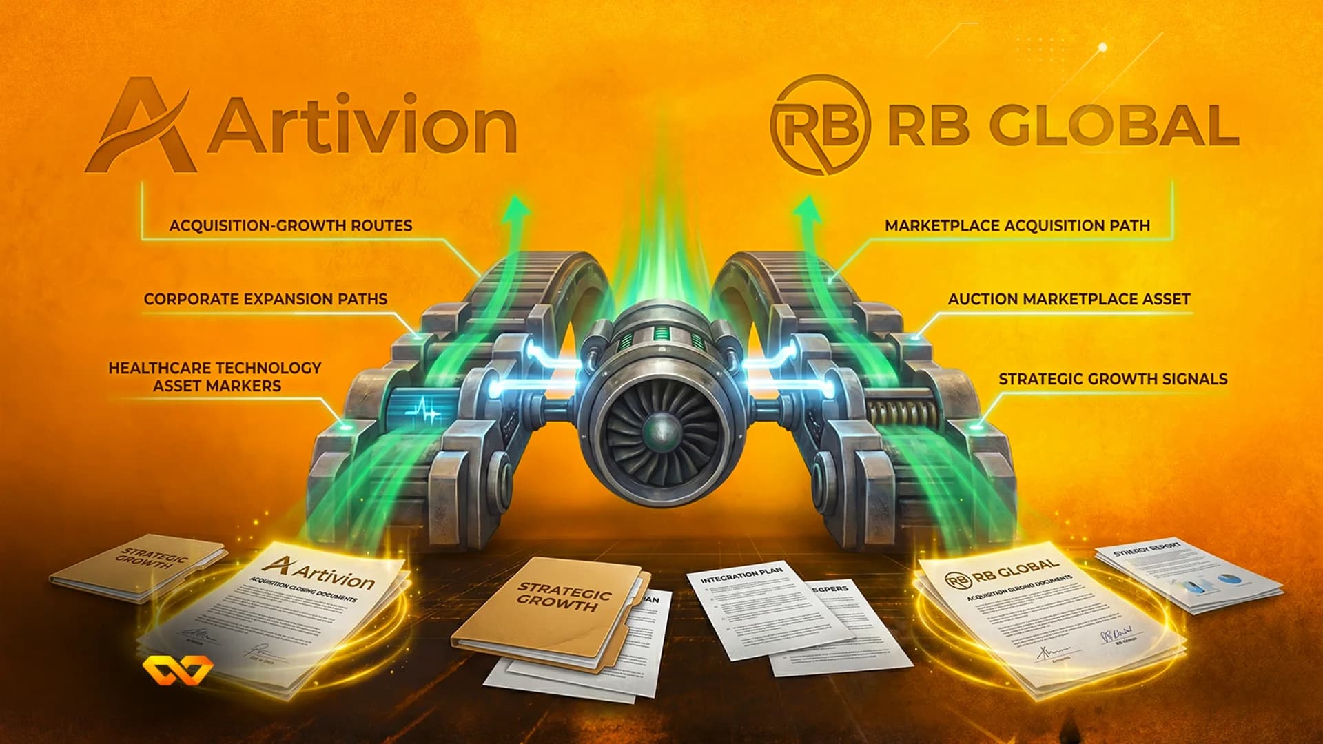 Futuristic engine with conveyor belts processing documents between Artivion and RB Global logos on an orange background.