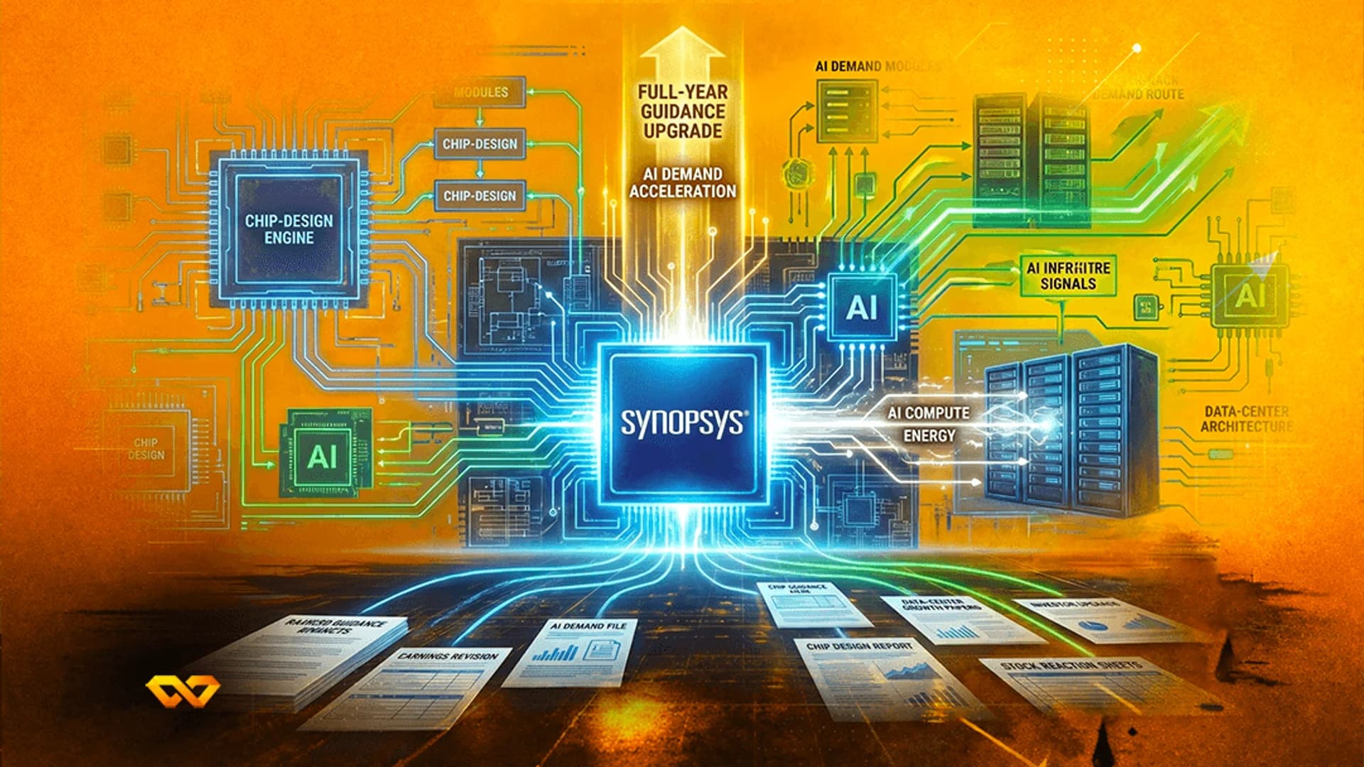 Digital illustration of a Synopsys microchip surrounded by circuit patterns, server racks, and financial documents.