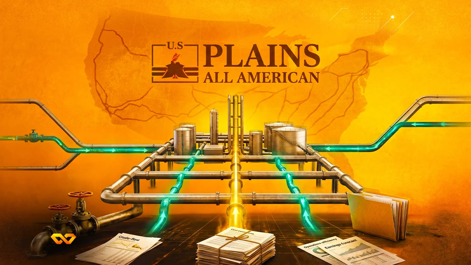 Plains All American logo over a US map with oil pipelines, storage tanks, and financial documents.