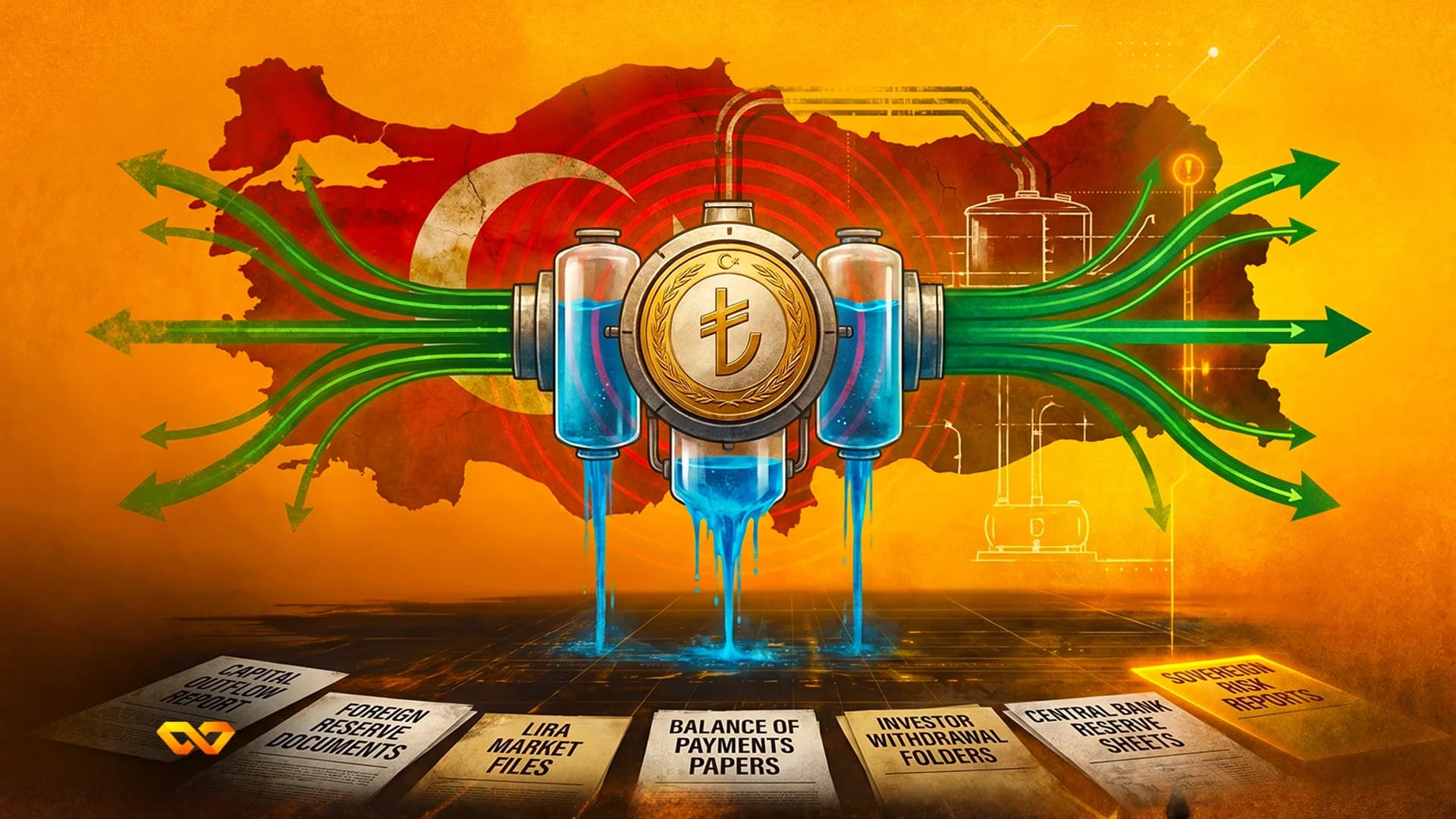 Turkish Lira coin on a leaking machine over a map of Turkey with documents about capital outflow and reserves.
