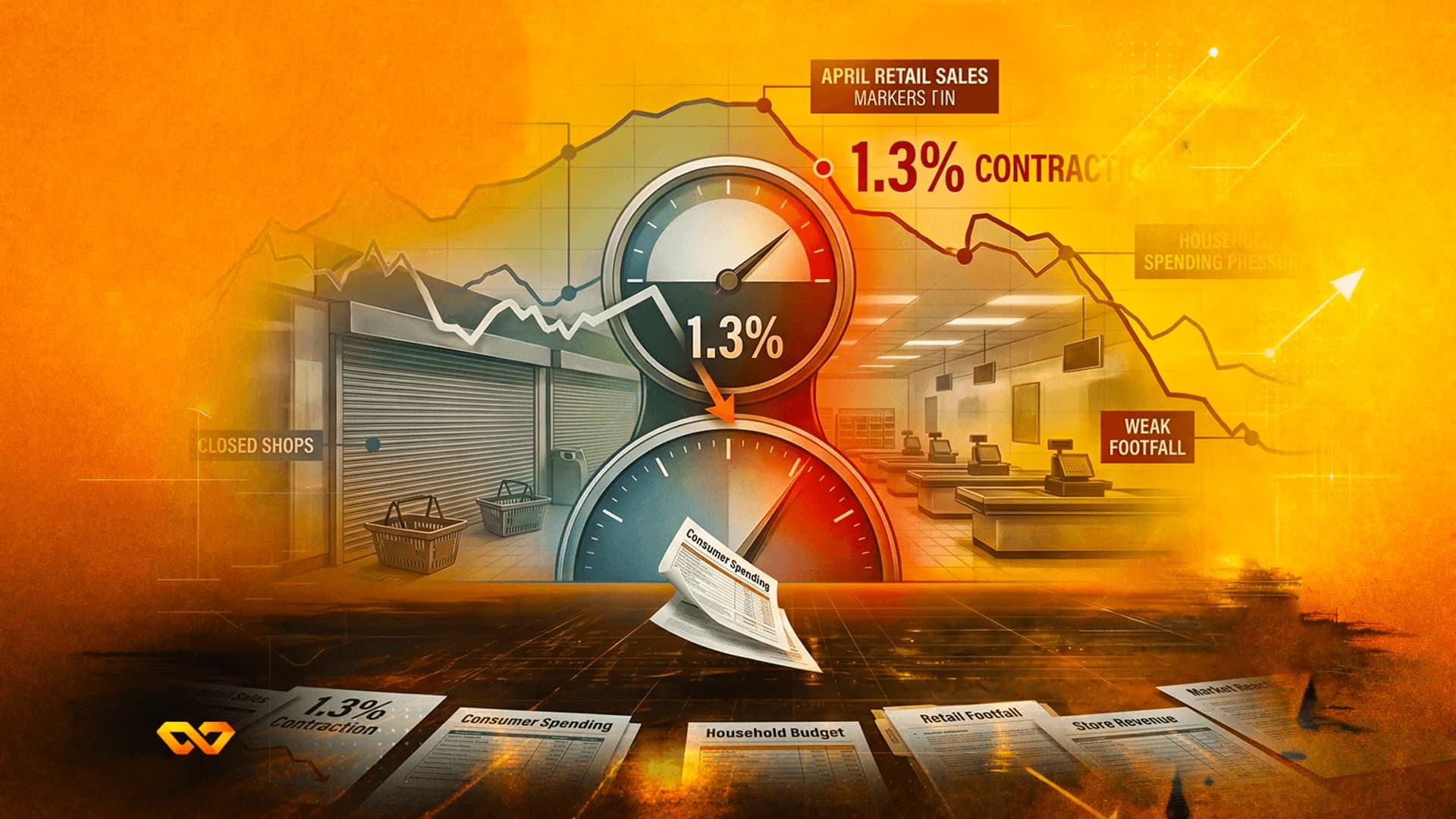 Infographic with gauges, a downward line graph, and retail scenes showing closed shops and empty checkouts.