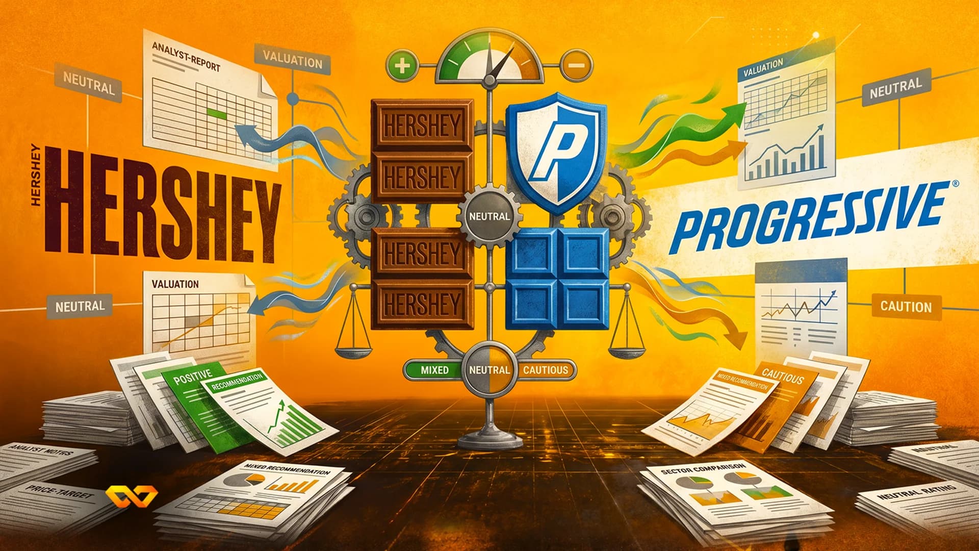 Split illustration comparing Hershey and Progressive stocks with financial charts, reports, and a central gauge.