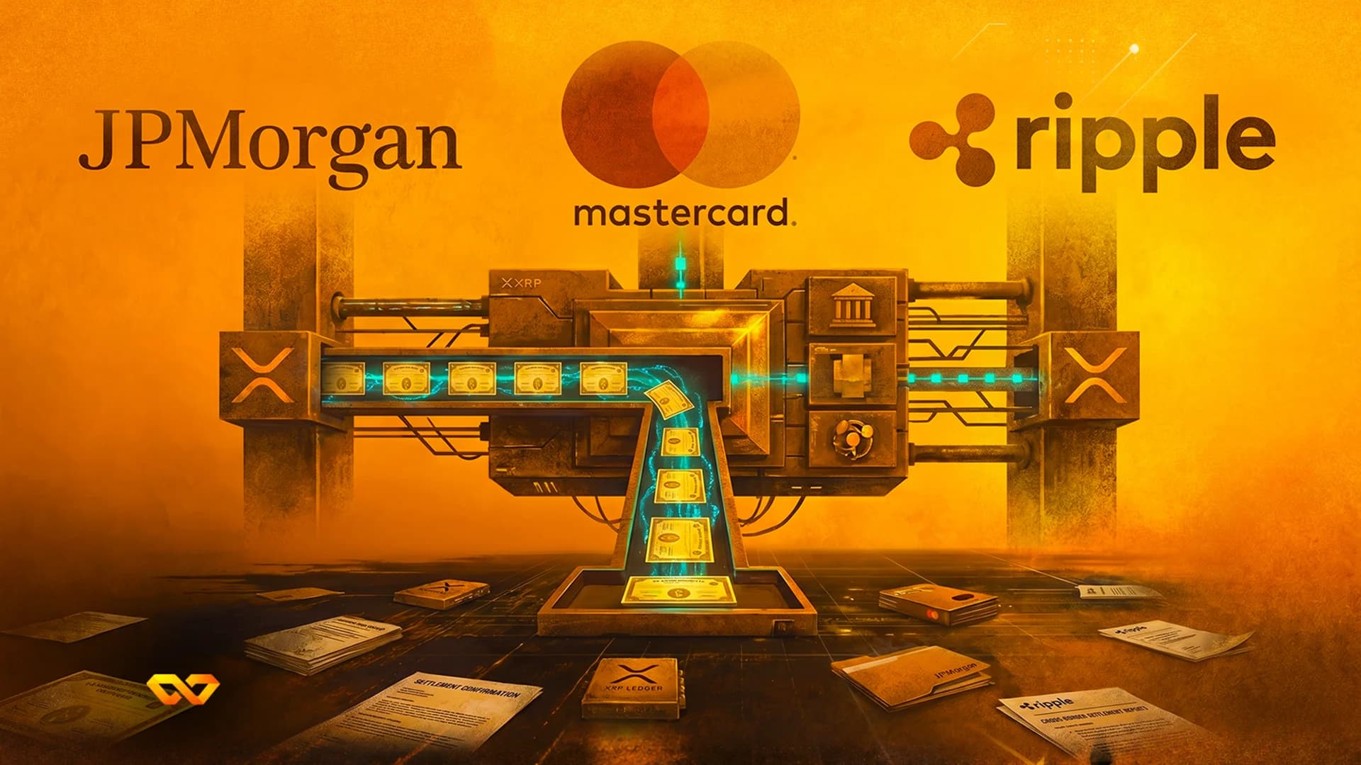 Industrial machine processing certificates with JPMorgan, Mastercard, and Ripple logos on an orange background.
