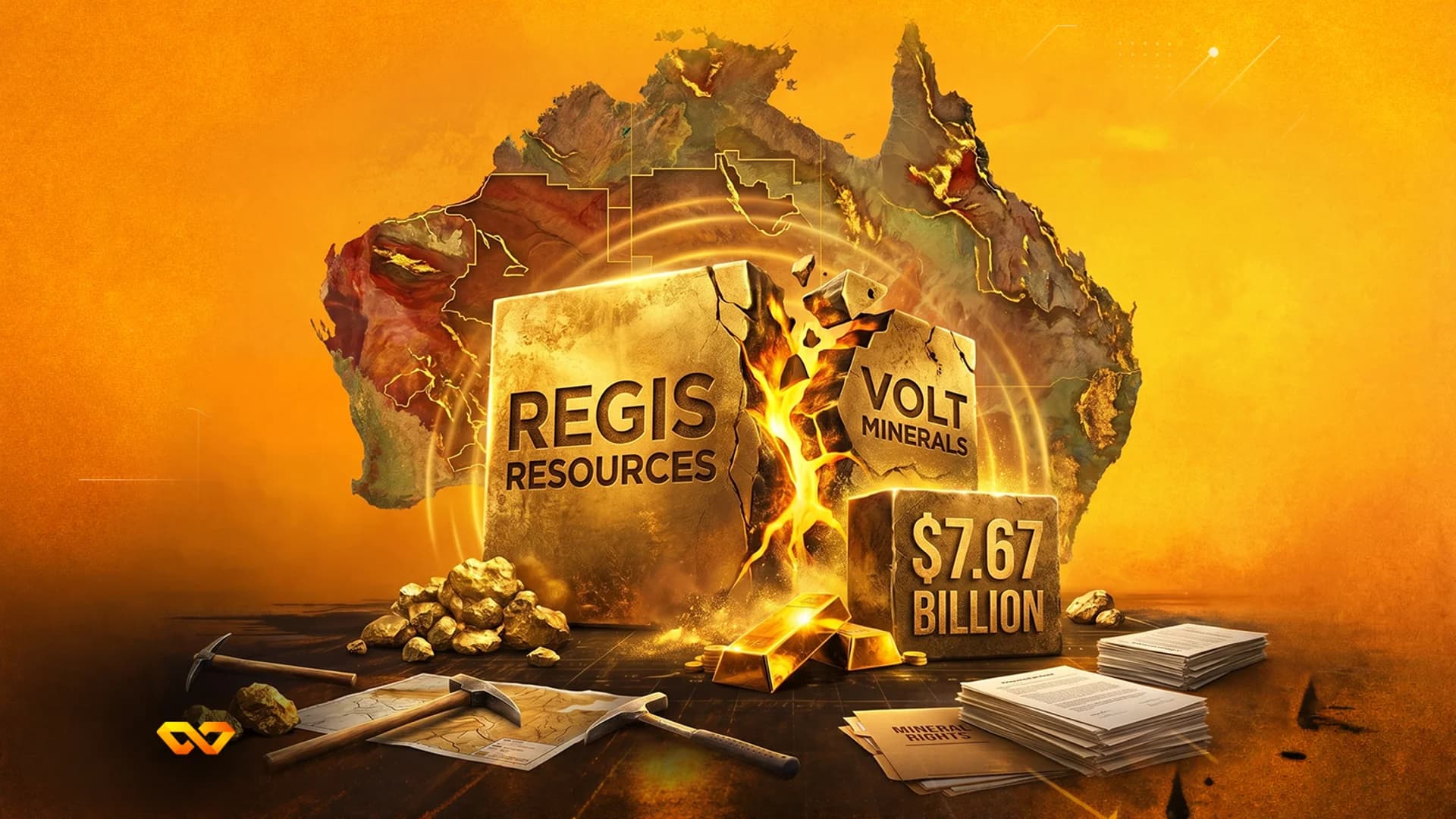 Digital illustration of gold blocks labeled Regis Resources and Volt Minerals over a map of Australia.
