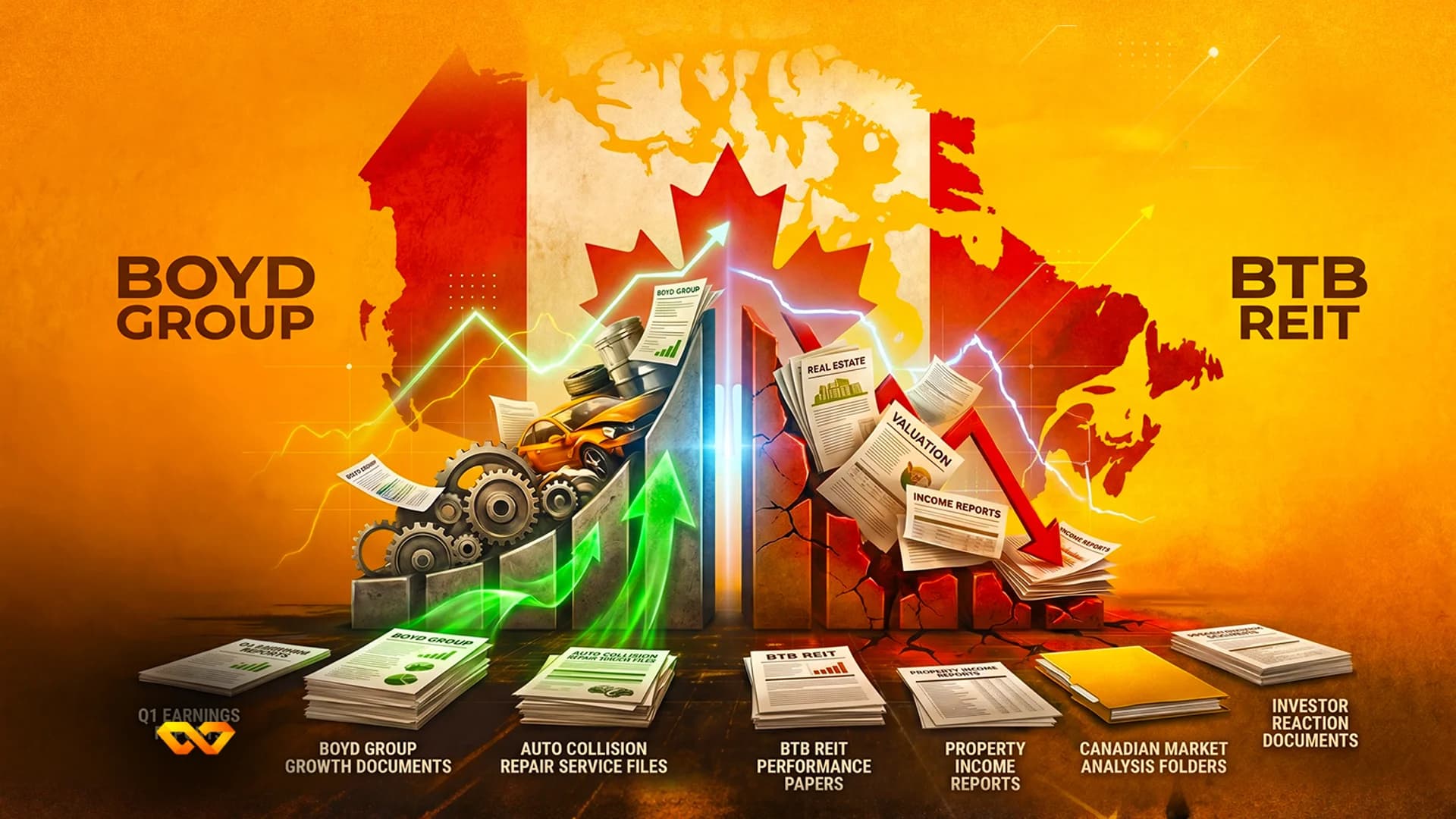 Financial illustration with Canadian flag, rising green arrows for Boyd Group, and falling red arrows for BTB REIT.