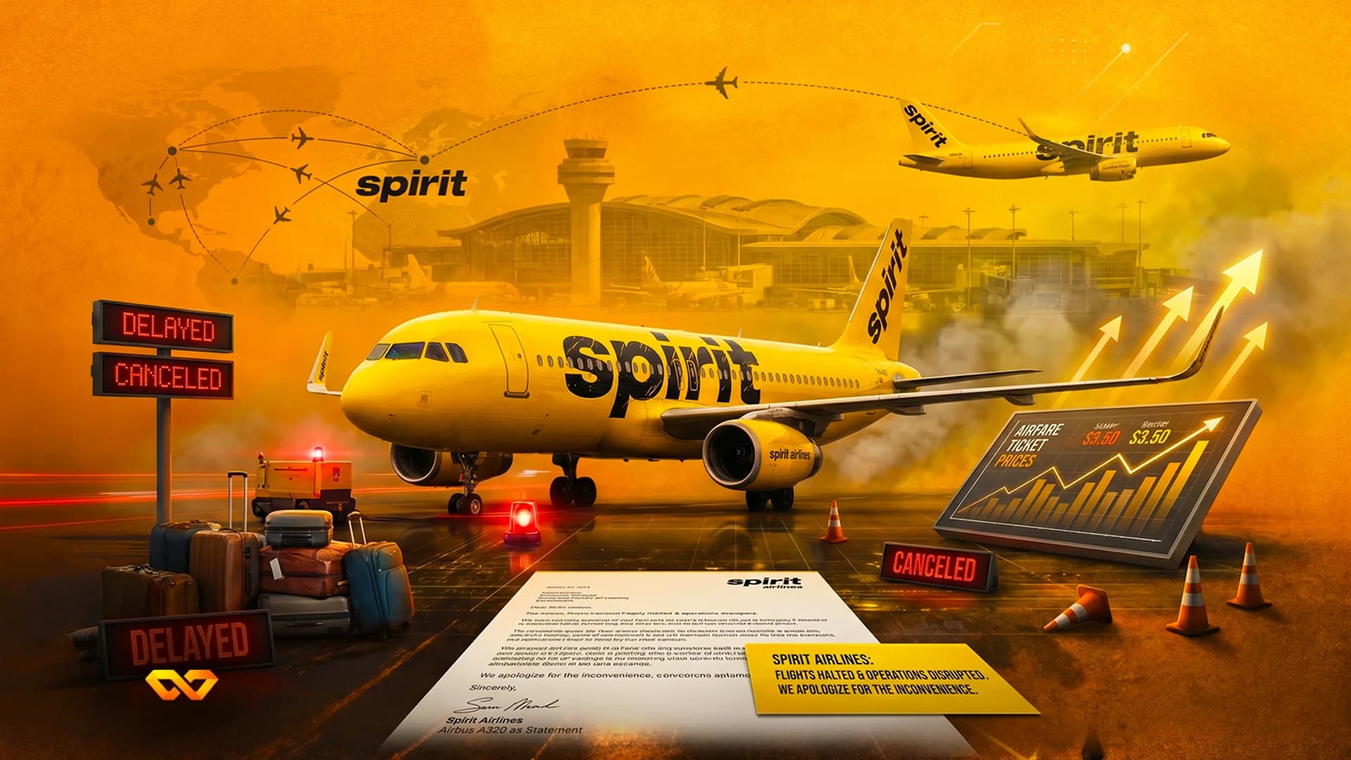 Yellow Spirit Airlines planes at an airport with delayed and canceled signs, luggage, and a rising price chart.