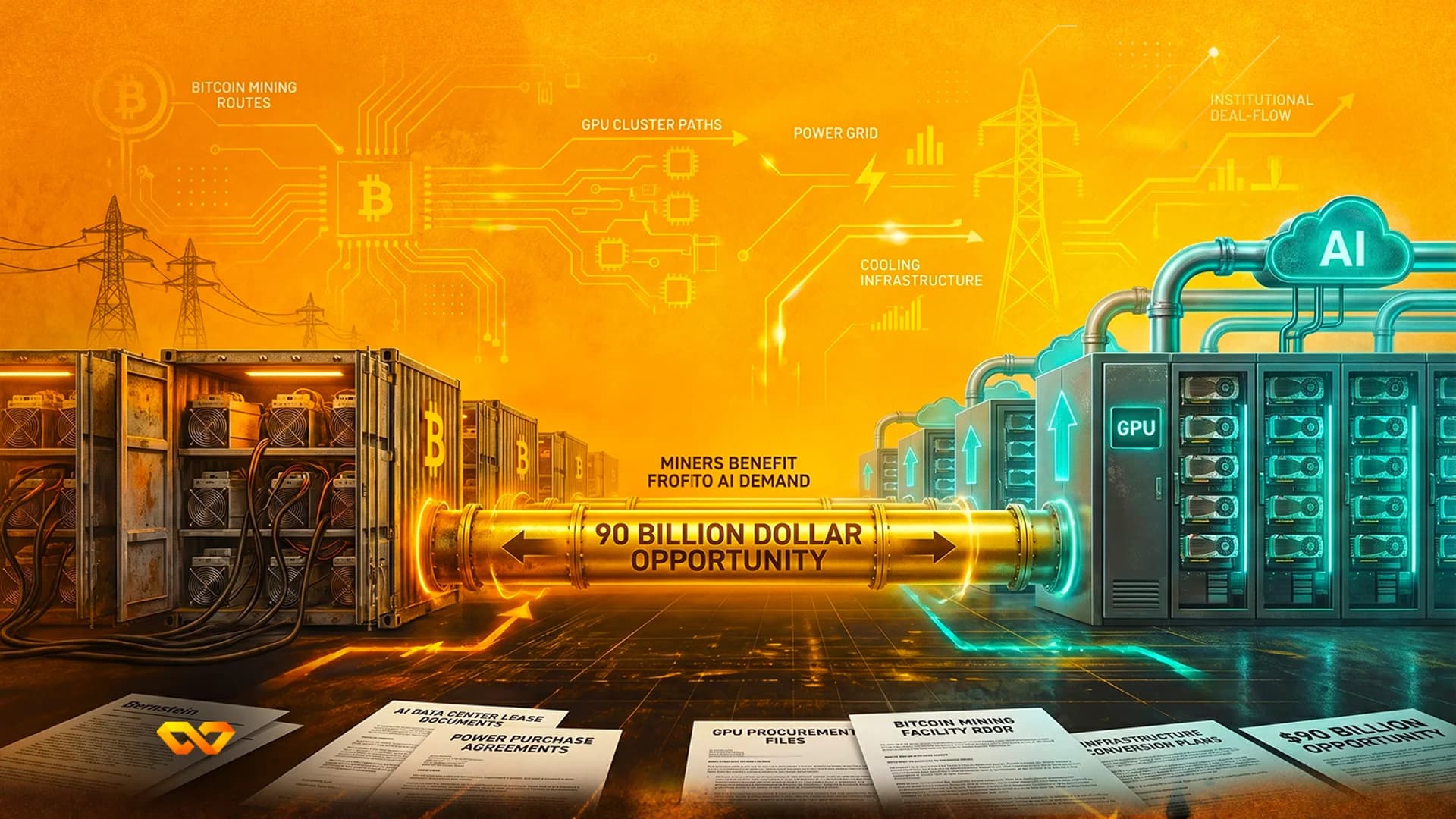 Digital illustration of Bitcoin mining containers connected by a golden pipe to AI server racks on an orange background.