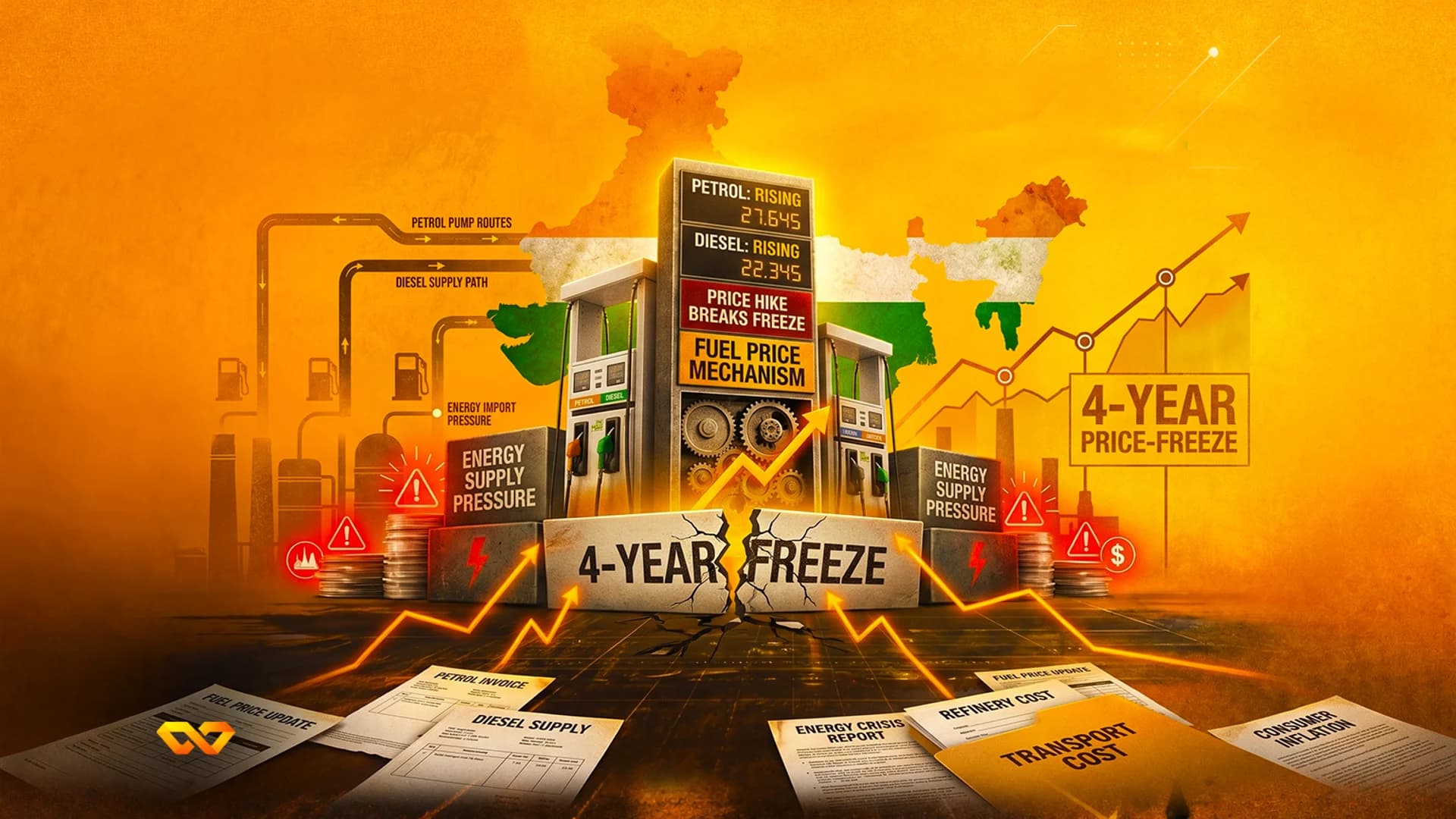 Illustration of fuel pumps and a cracked '4-year freeze' block against an Indian map and rising price charts.