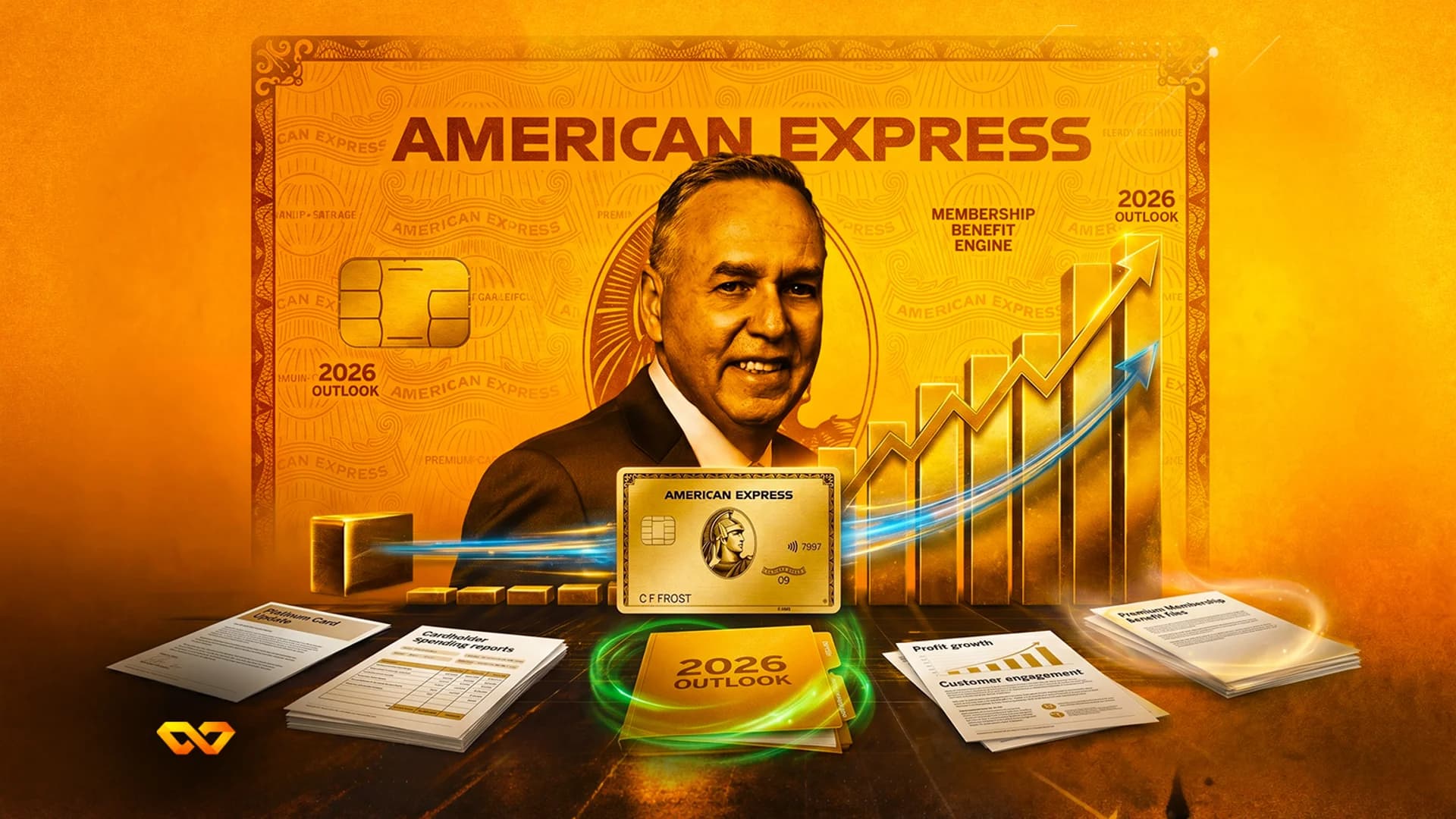 Gold-themed collage featuring an executive, the American Express logo, a rising bar chart, and financial documents.