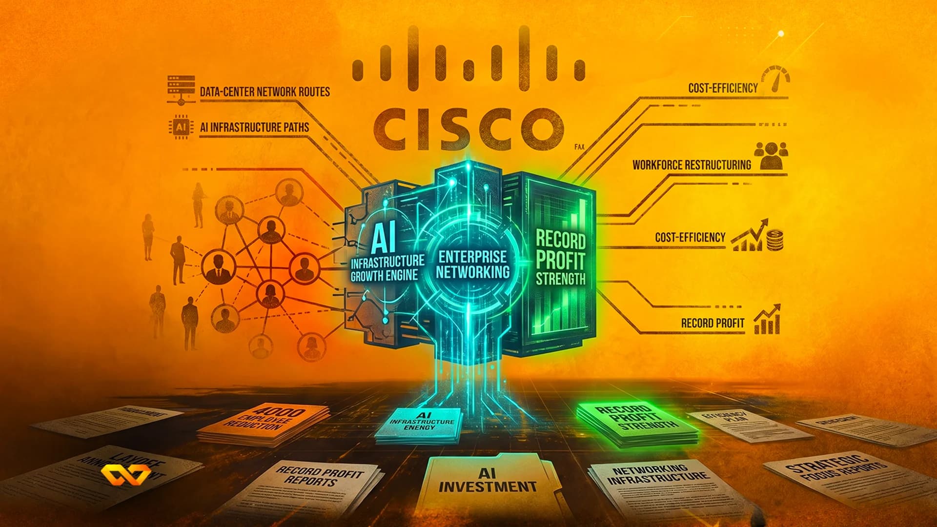 Cisco logo above networking hardware and documents with AI infrastructure text on a textured orange background.