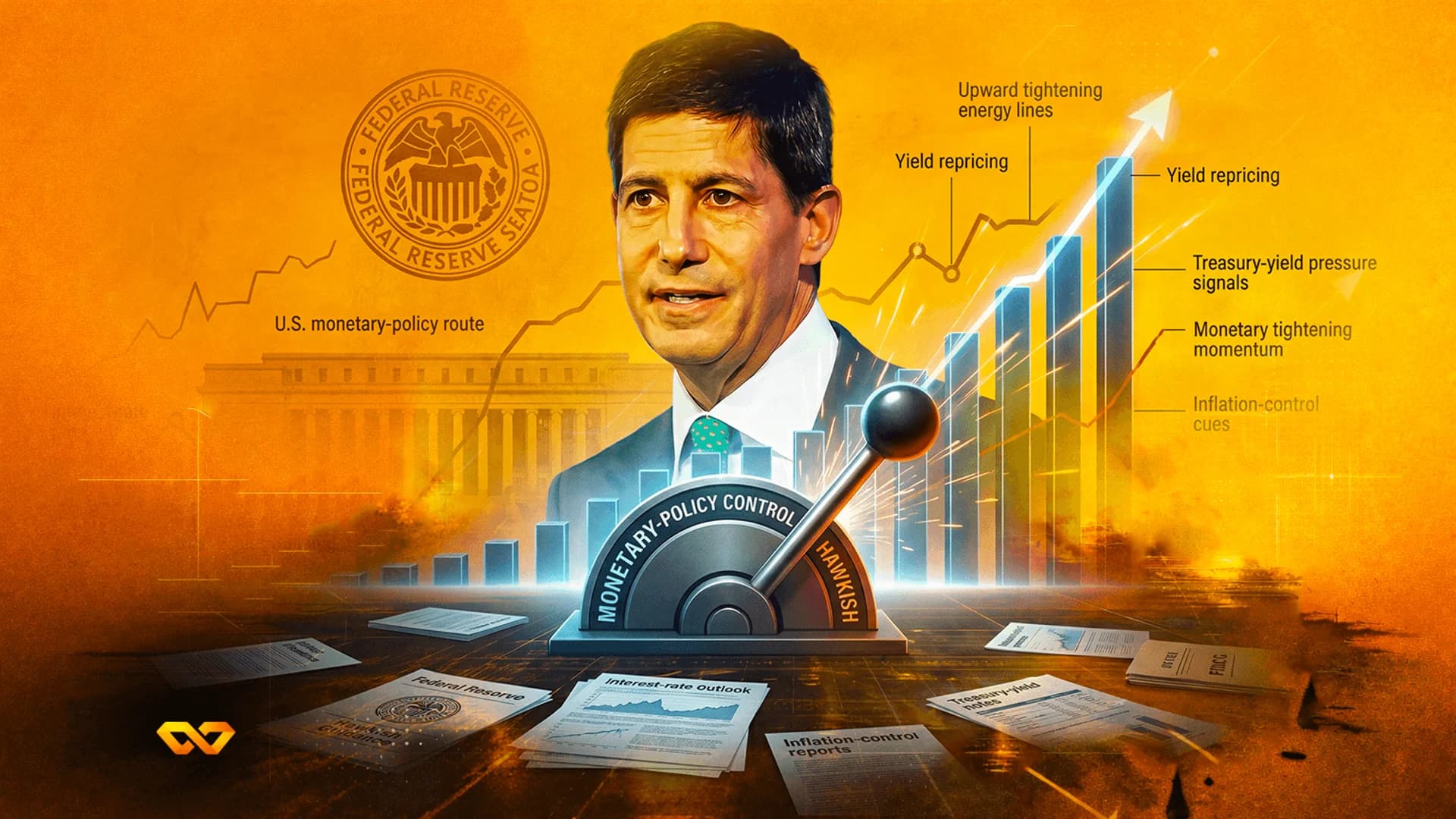 Portrait of a man with a Federal Reserve seal, a control lever labeled hawkish, and rising financial charts.