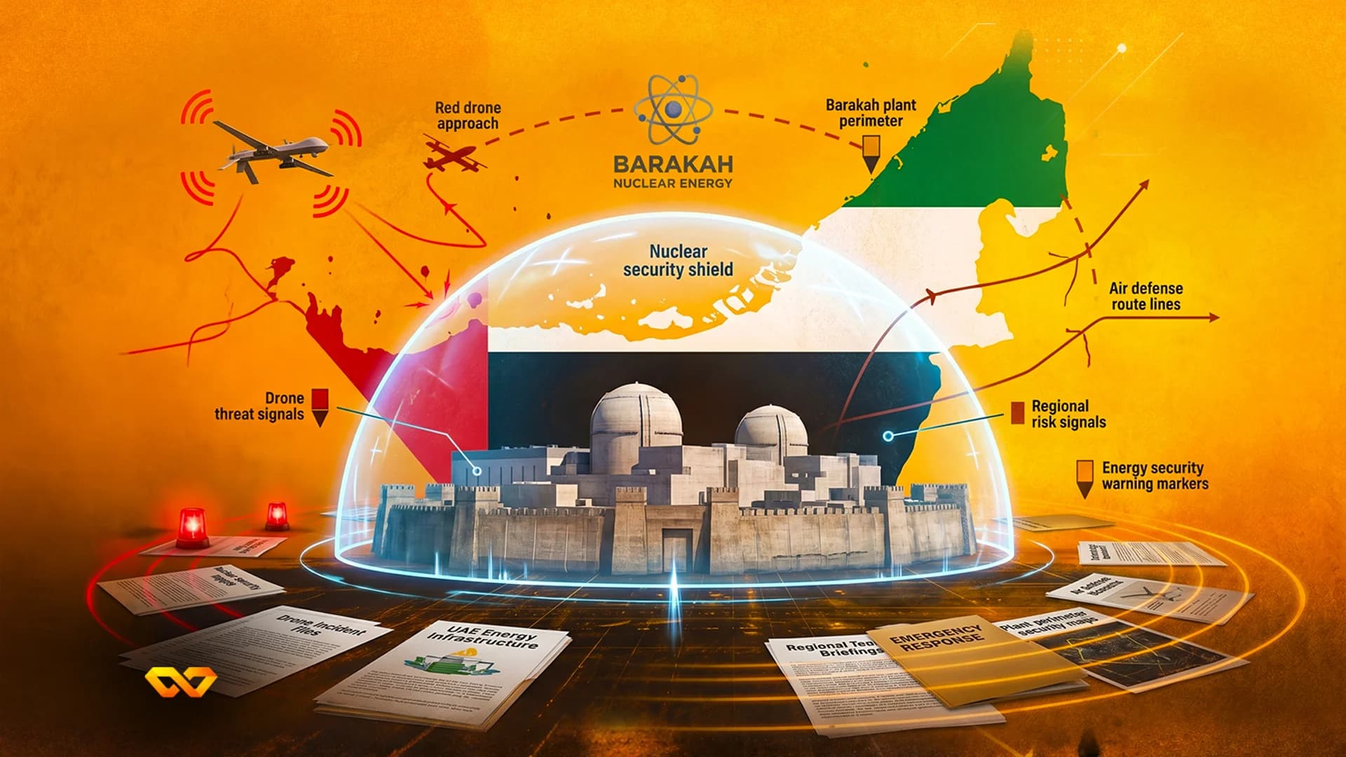 Infographic of the Barakah Nuclear Energy plant under a protective dome with drone threat indicators and UAE map.