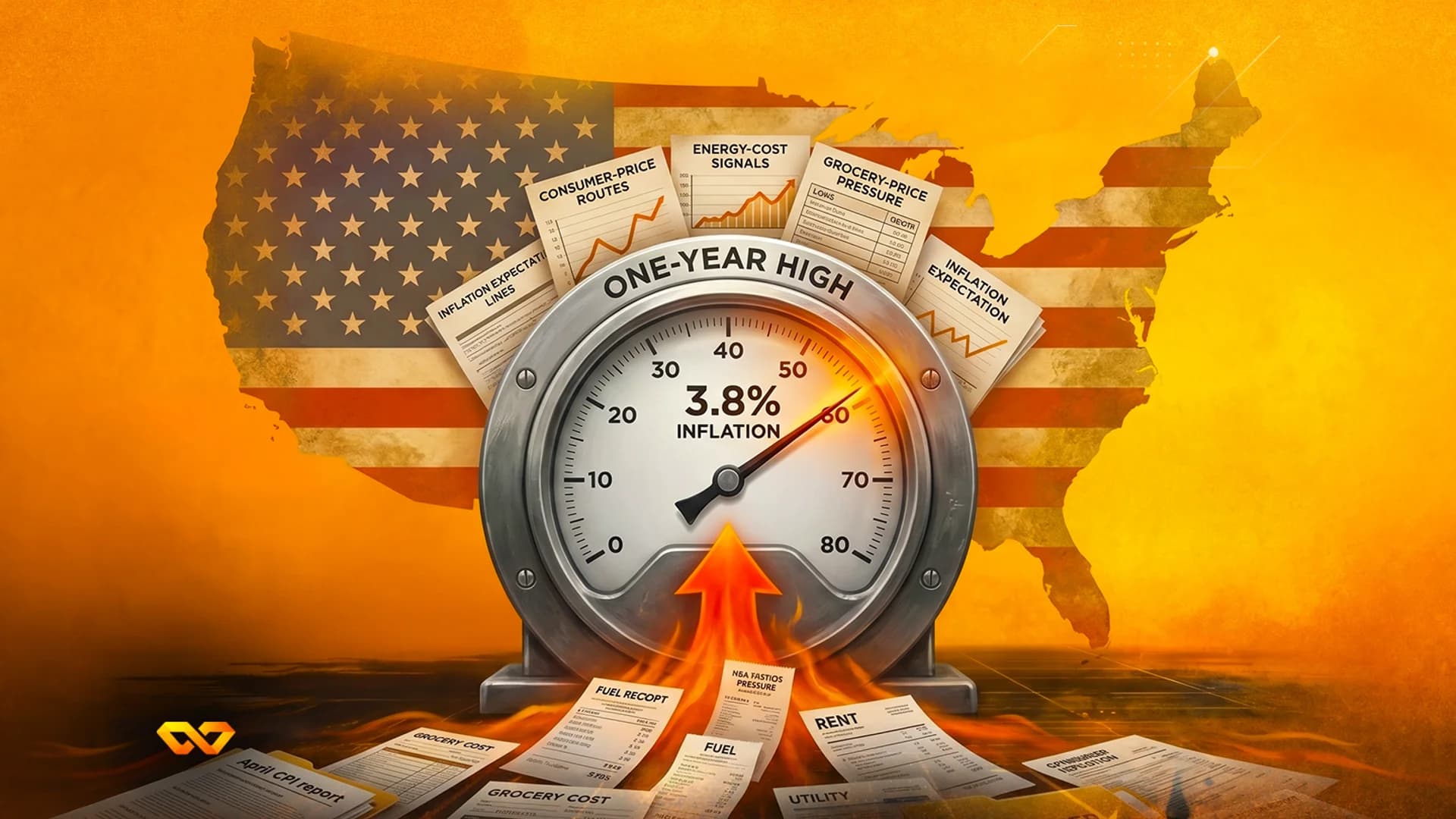 مقياس يظهر تضخماً بنسبة 3.8% فوق خريطة الولايات المتحدة، محاطاً بمستندات مالية وإيصالات وألسنة لهب.
