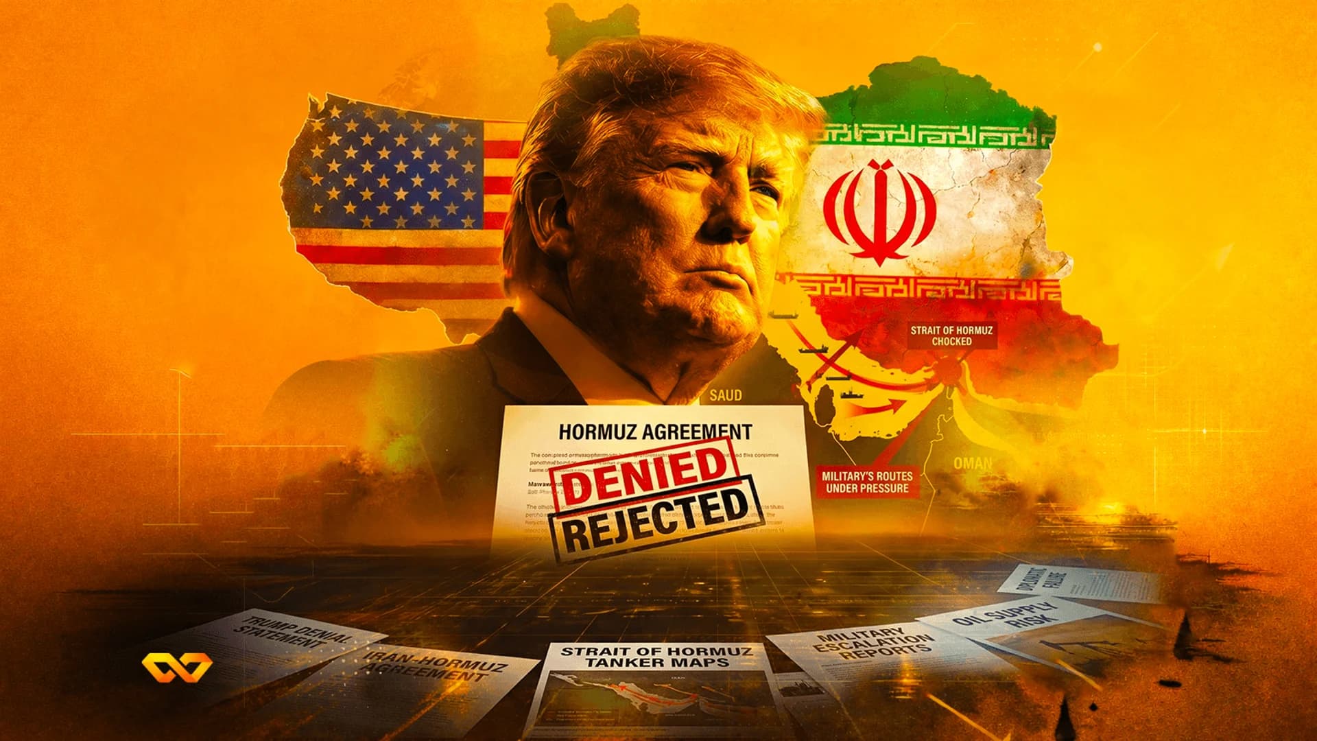 Portrait of Donald Trump over a map of Iran and the US flag, with documents about the Hormuz Agreement and oil risk.
