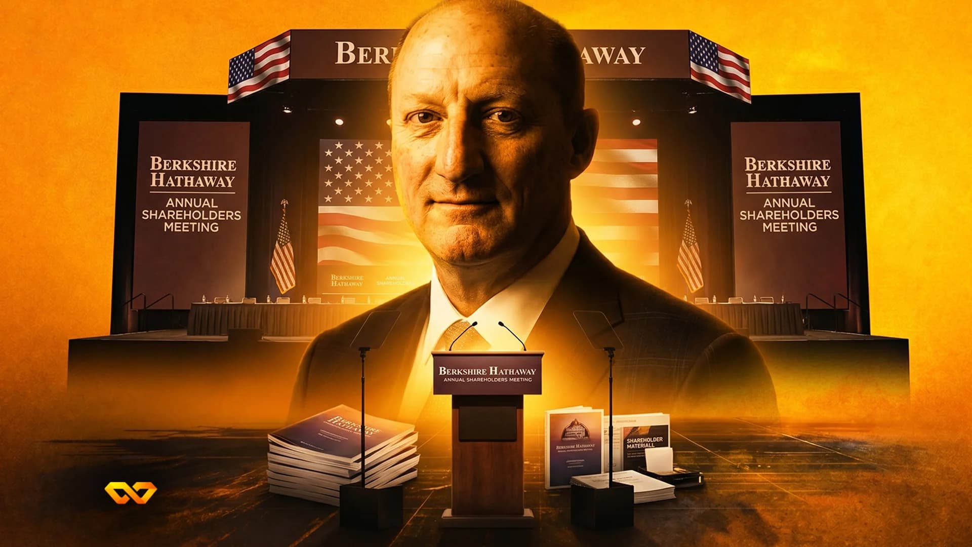 Portrait of a man over a Berkshire Hathaway annual meeting stage with American flags and stacks of documents.