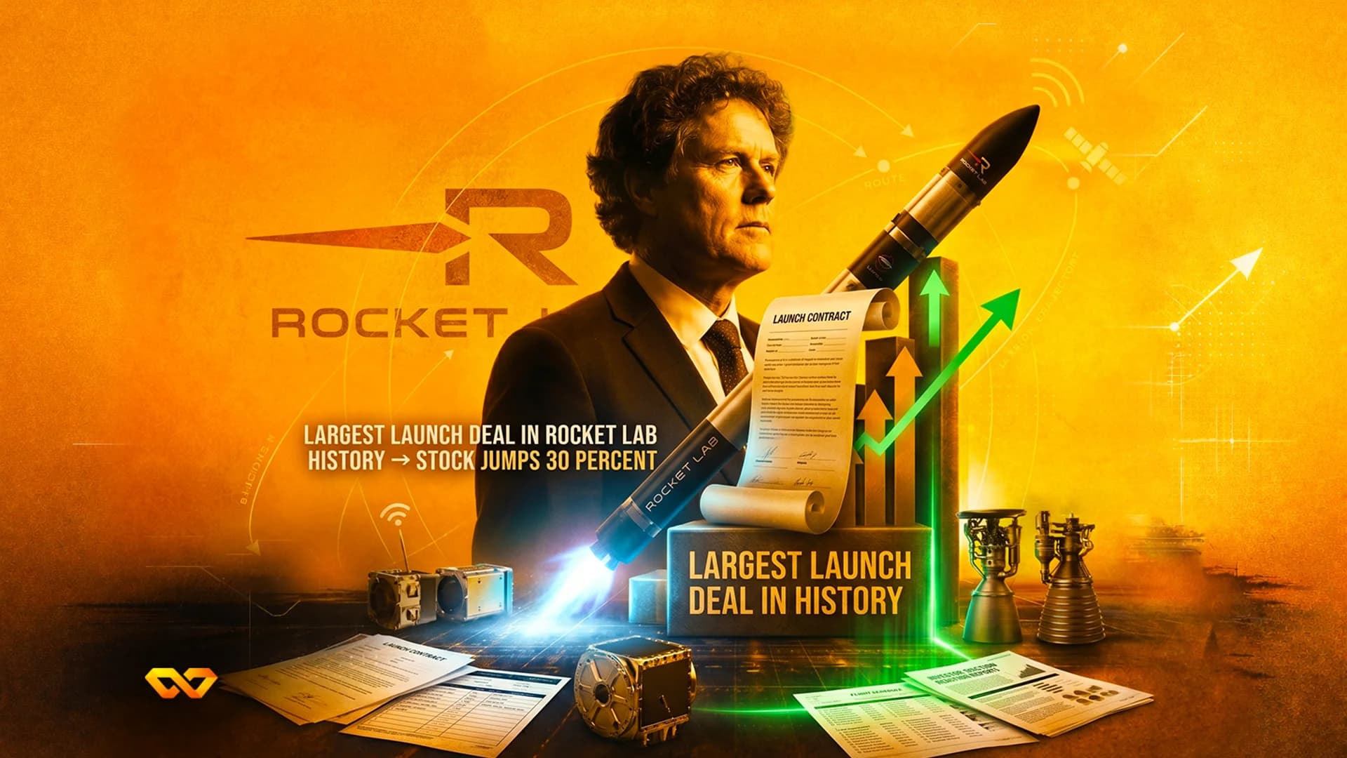 Digital illustration of a man in a suit next to a Rocket Lab logo, a rocket, and green upward arrows.