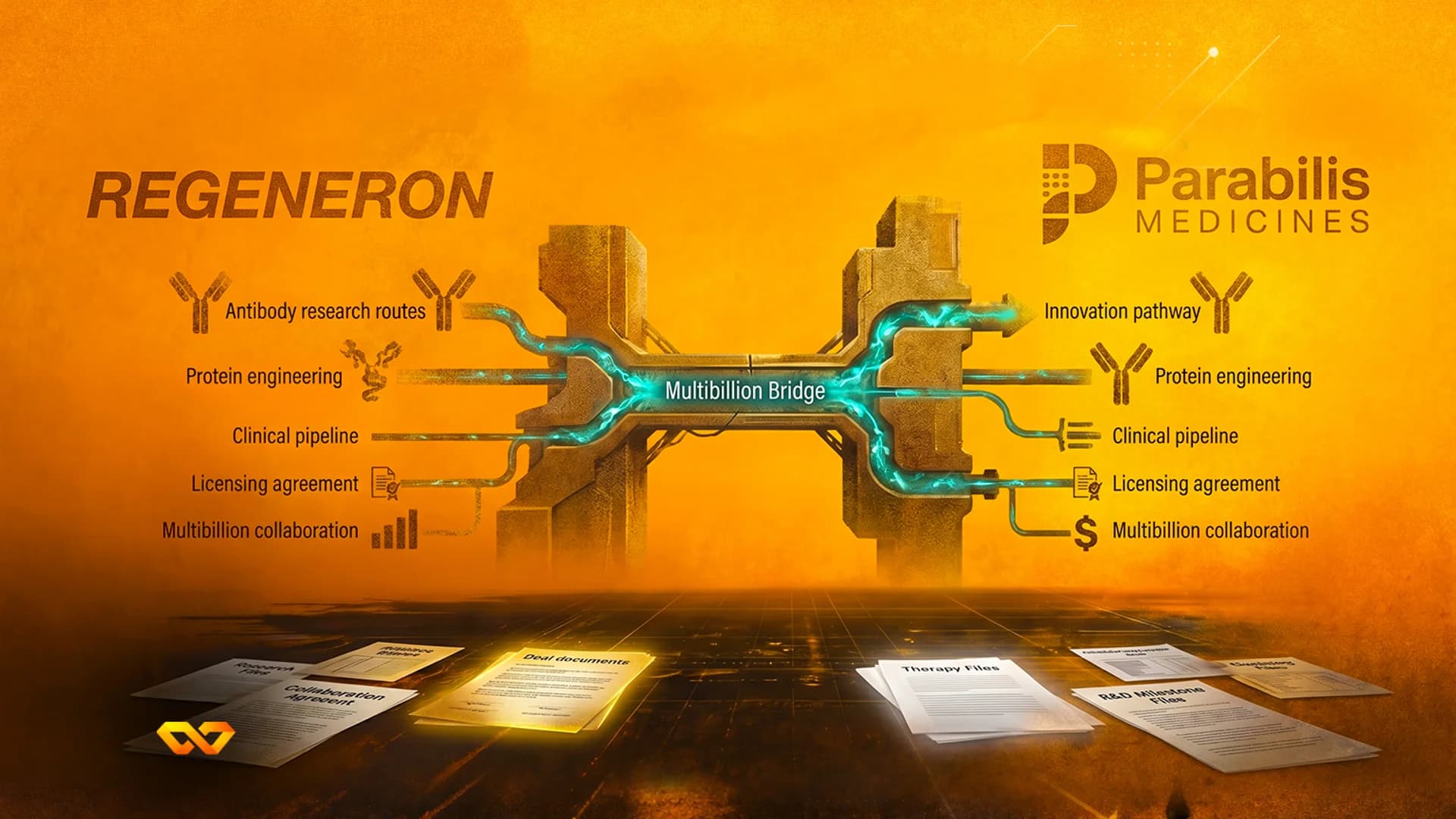Digital illustration in orange tones showing a glowing bridge connecting structures labeled Regeneron and Parabilis.