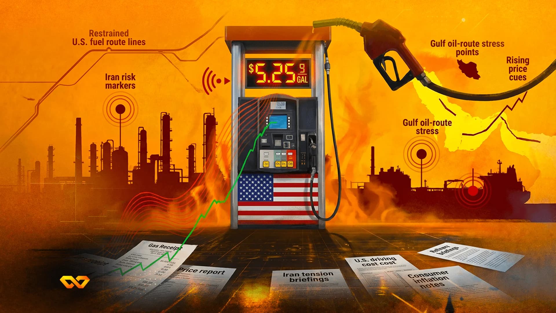 مضخة وقود عليها علم الولايات المتحدة تعرض سعر 5.25 دولار للغالون أمام خلفية برتقالية نارية مع مصافي نفط وناقلات.