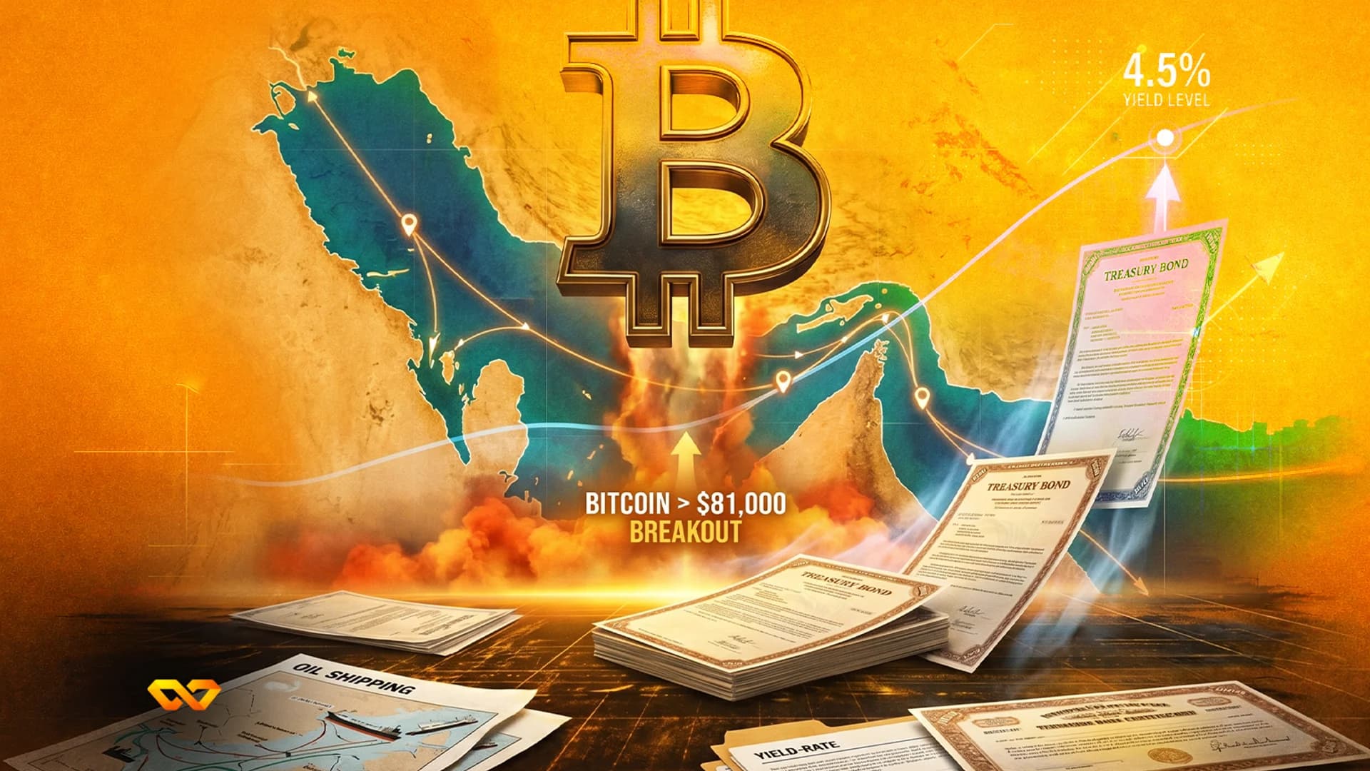 Golden Bitcoin symbol with "ETF inflow" arrows, green upward graphs, and various crypto coins on a dark surface.