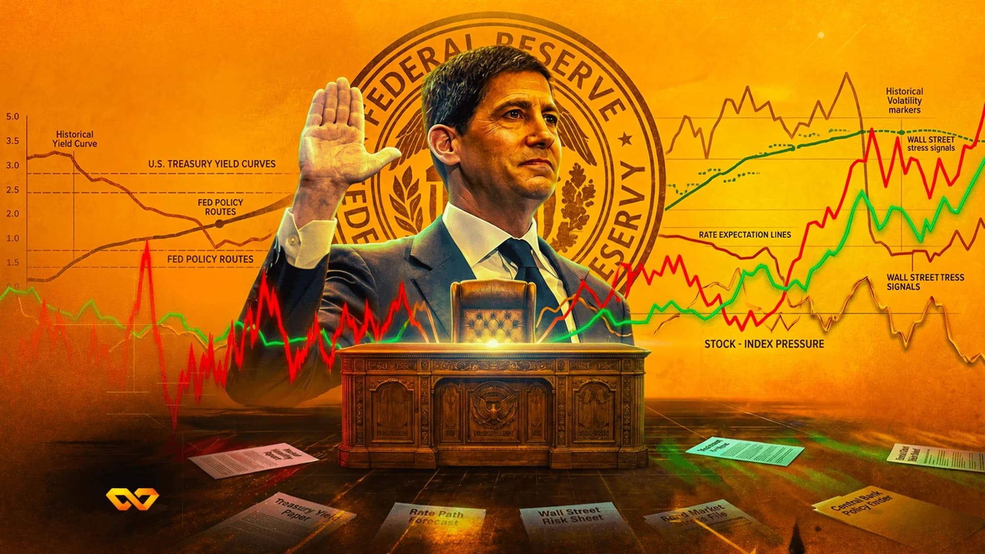 Illustration of a man in a suit taking an oath before a Federal Reserve seal, overlaid with financial market charts.