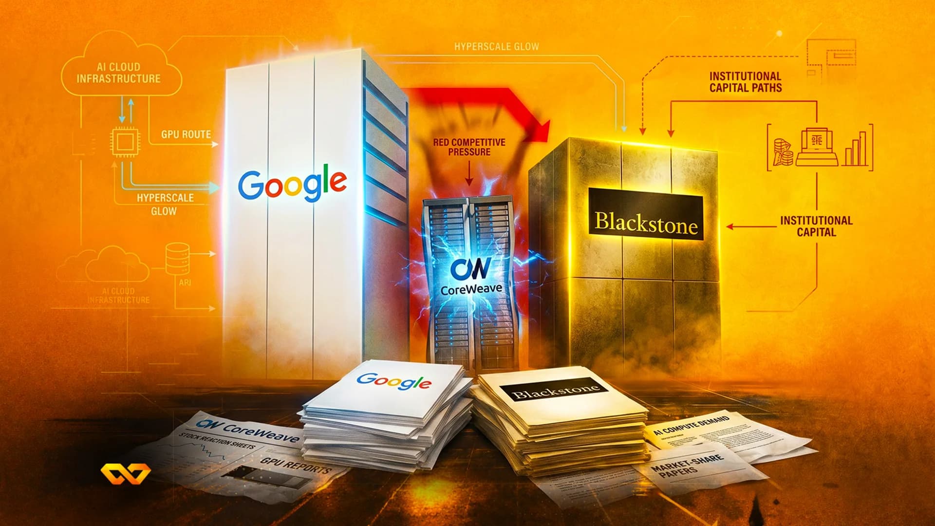 Illustration of server towers labeled Google, CoreWeave, and Blackstone with diagrams and stacks of financial papers.