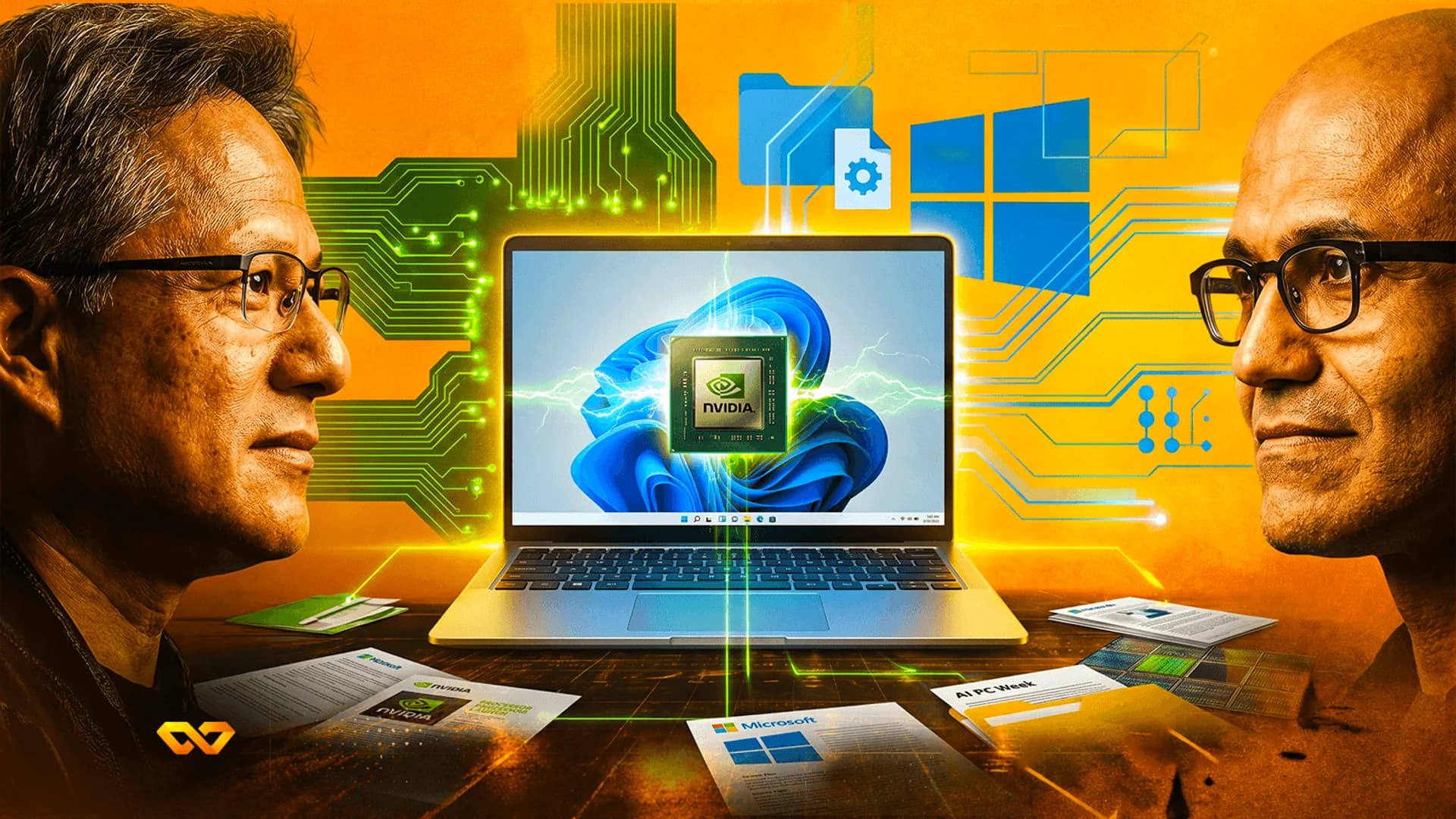 Jensen Huang and Satya Nadella face each other with a laptop featuring an NVIDIA chip and Windows logo between them.