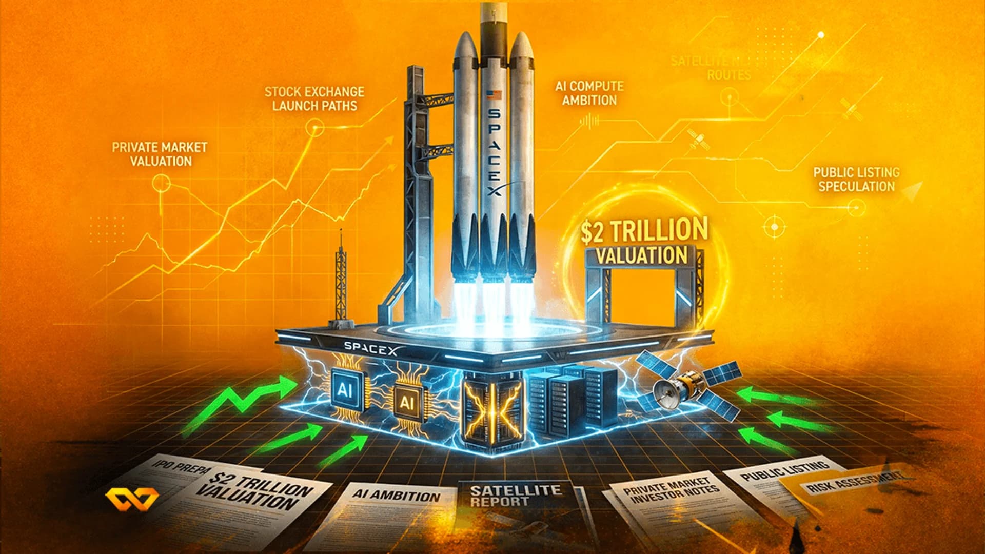 SpaceX rocket on a platform with AI chips, servers, and documents labeled with financial valuation terms.
