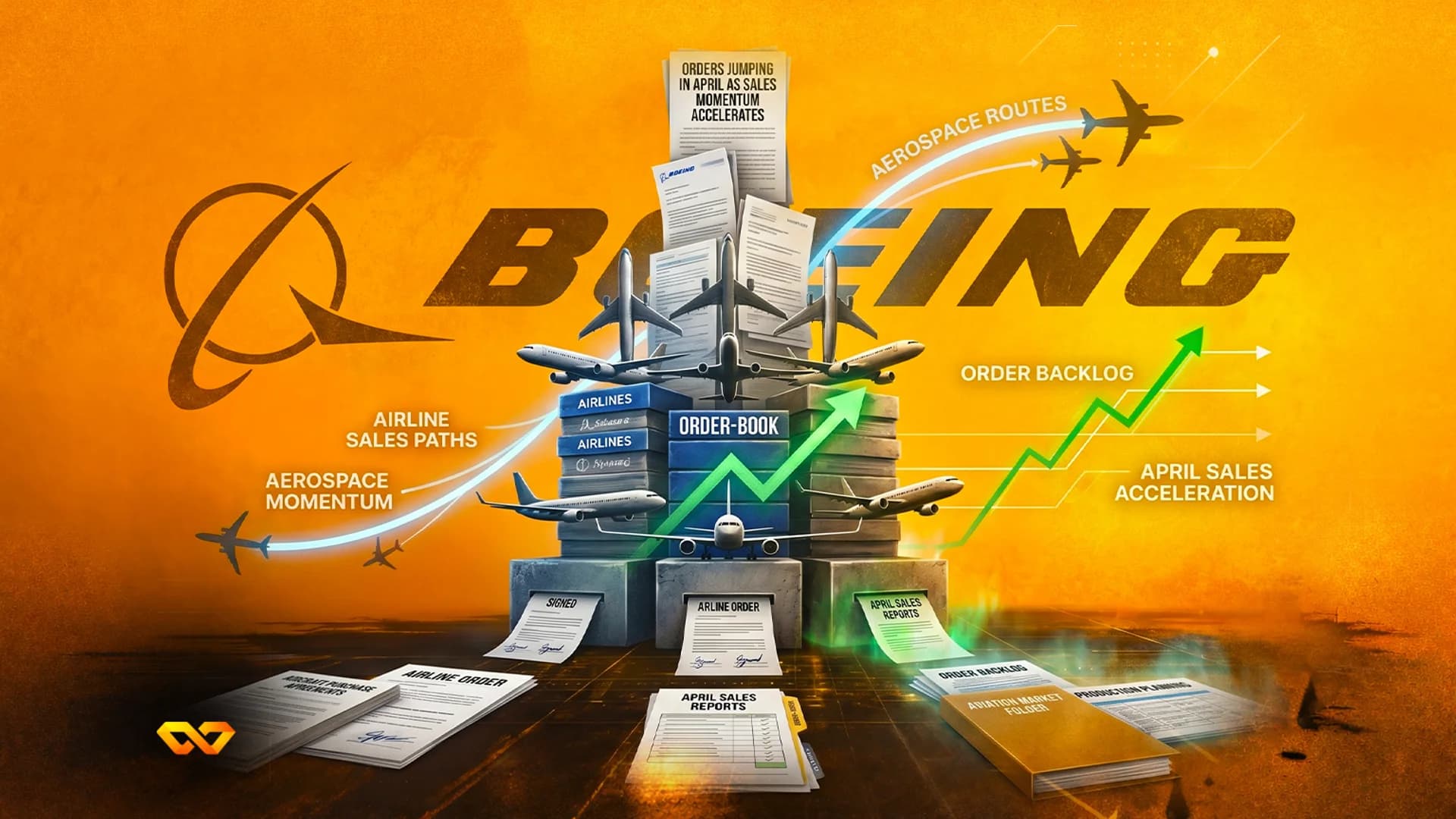 Digital illustration of the Boeing logo with airplanes, rising green charts, and stacks of sales documents.