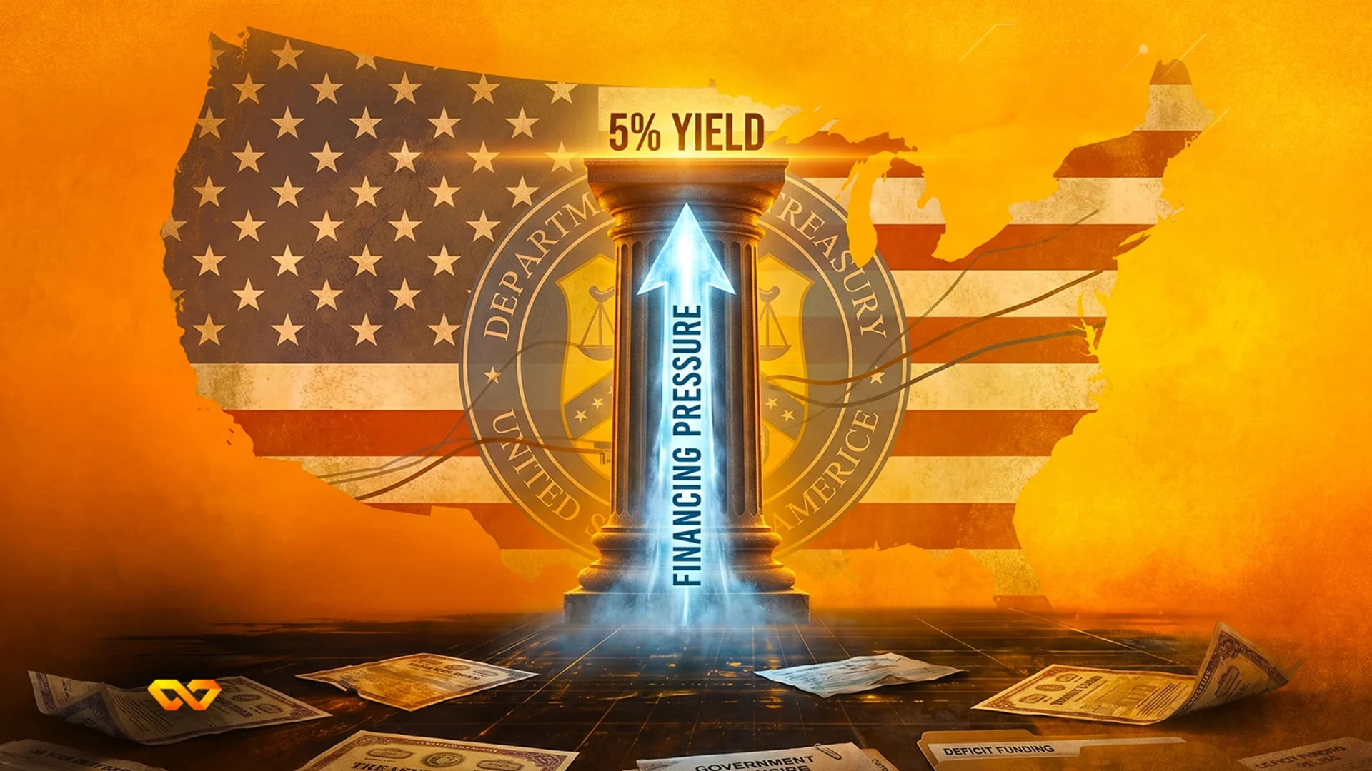 US map with flag overlay, a column with a rising arrow labeled 'Financing Pressure', and '5% Yield' text.