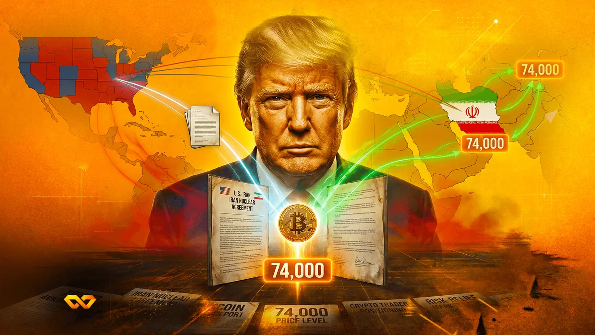 Portrait of Donald Trump with a Bitcoin coin, US map, and Iran flag over an orange background with price labels.