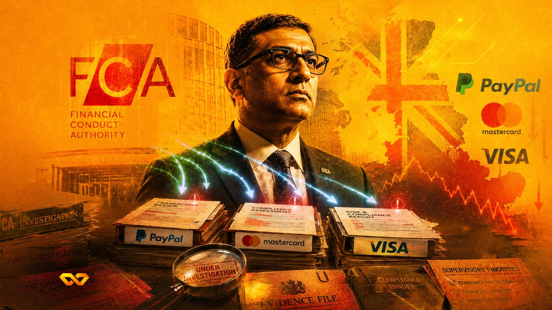 A man in a suit surrounded by FCA, PayPal, Mastercard, and Visa logos, with files and a magnifying glass.